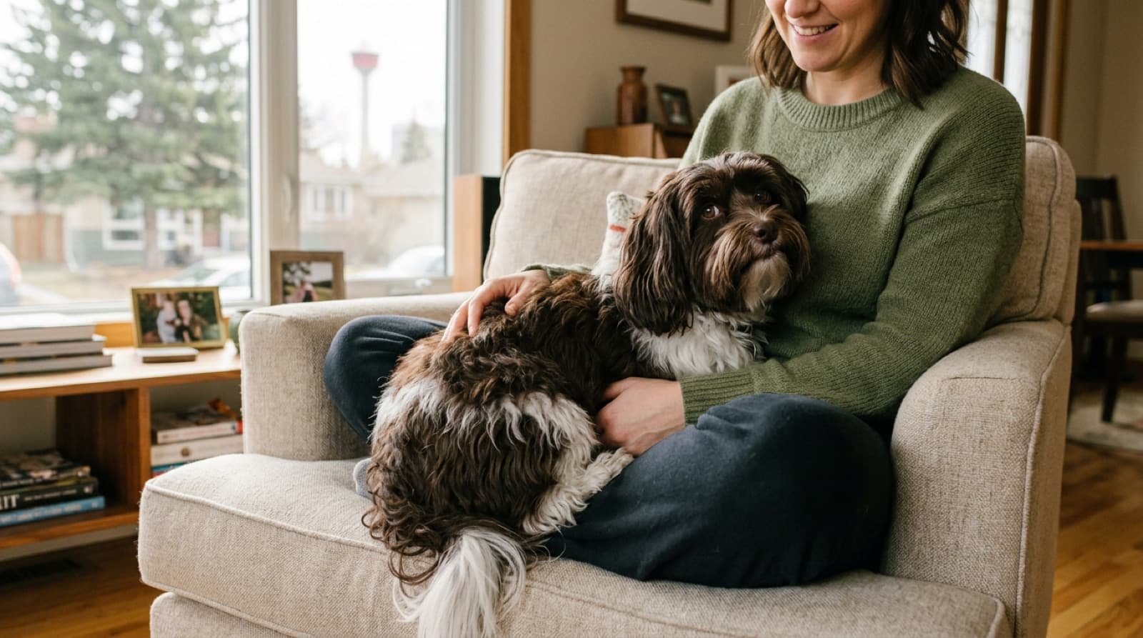 An adult Havanese with silky cream coat sitting calmly on a Calgary owner's lap, showing the breed's velcro companion temperament