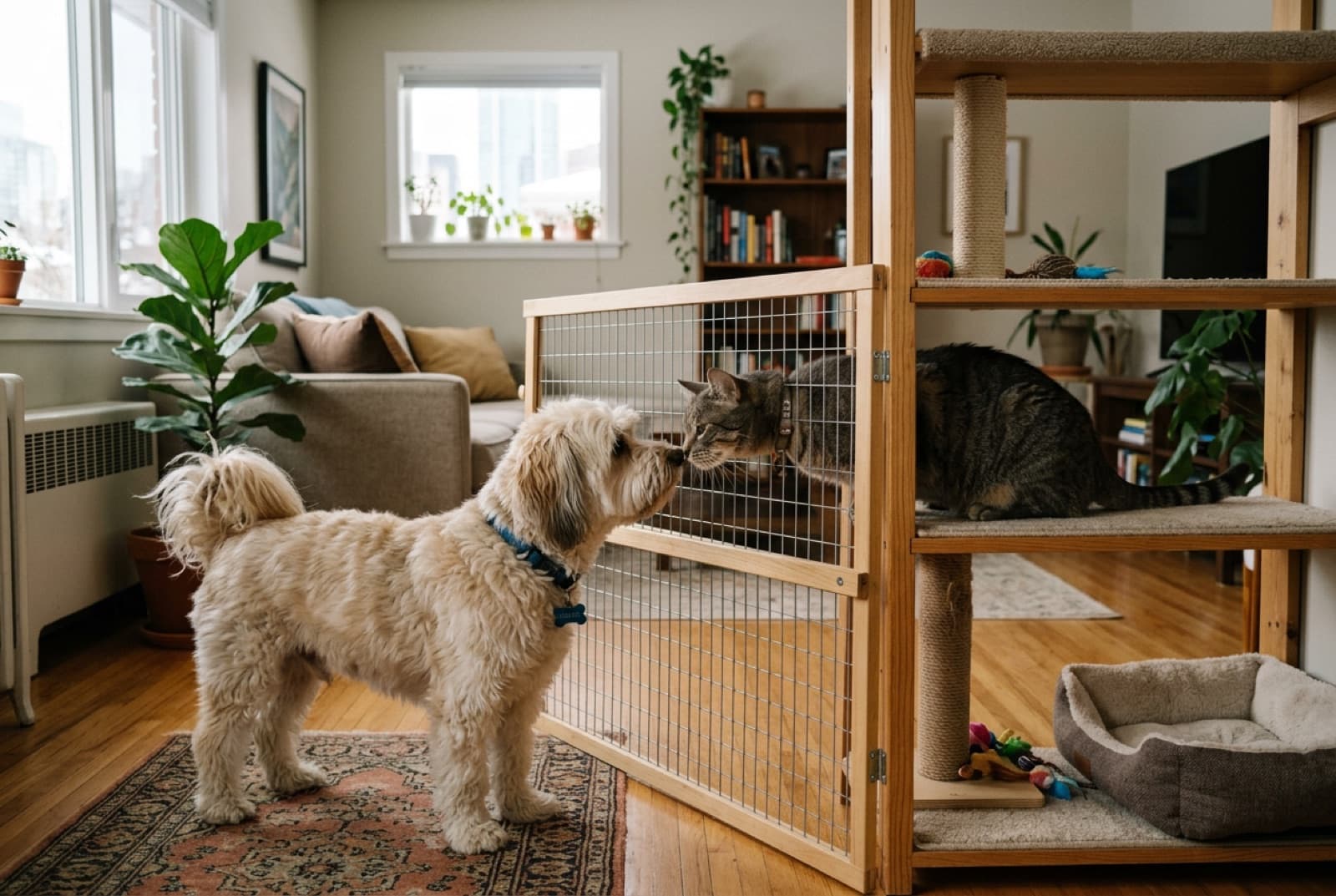 A Havanese and a cat napping side by side in a Calgary home, showing the breed's low prey drive and cat-friendly nature
