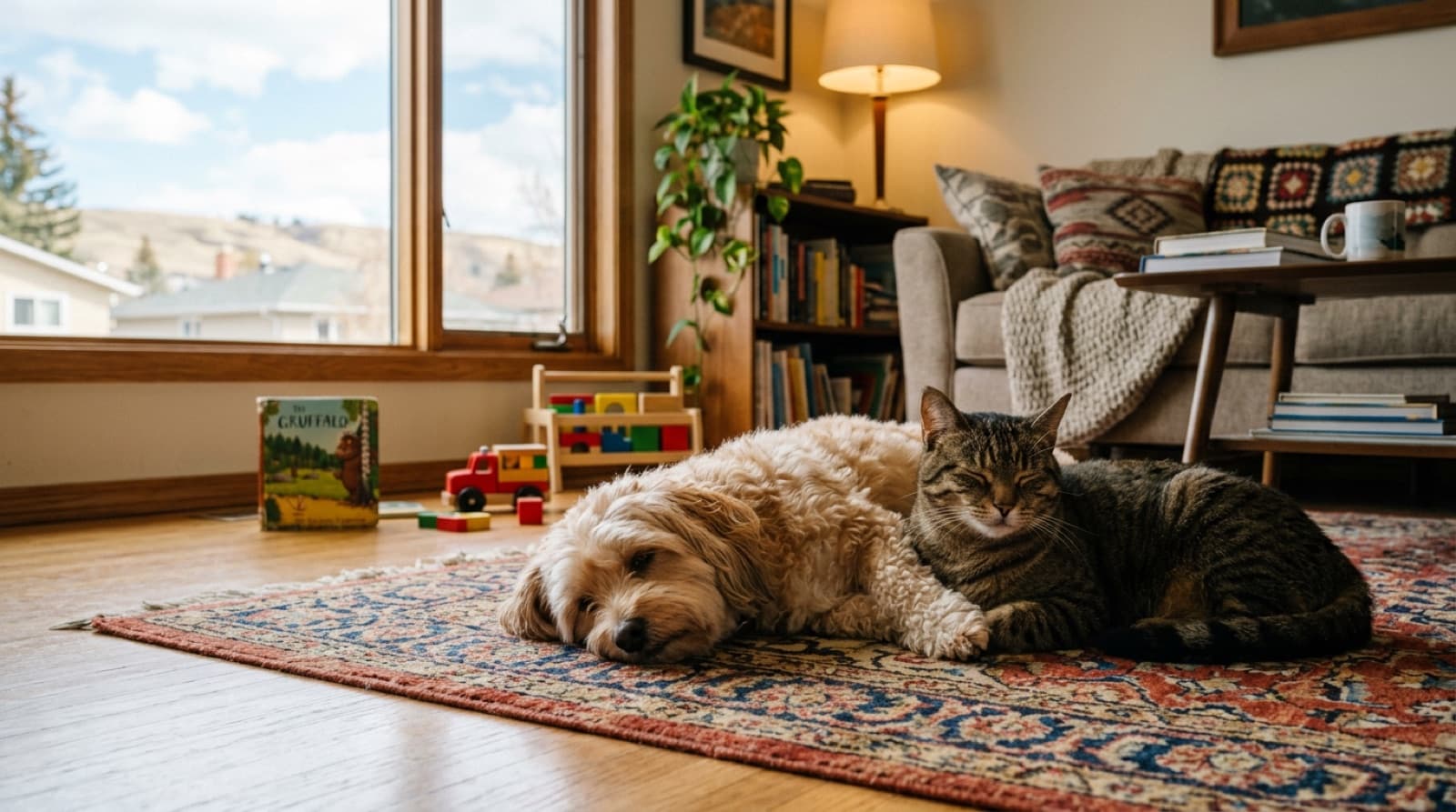 A Havanese resting calmly with a child and a cat in a Calgary living room, showing easy multi-pet family integration