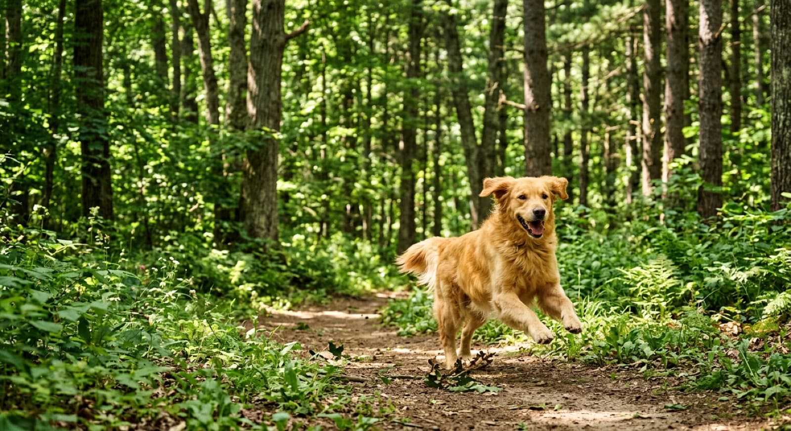 A dog running in the off-leash area of High Park in Toronto among green trees