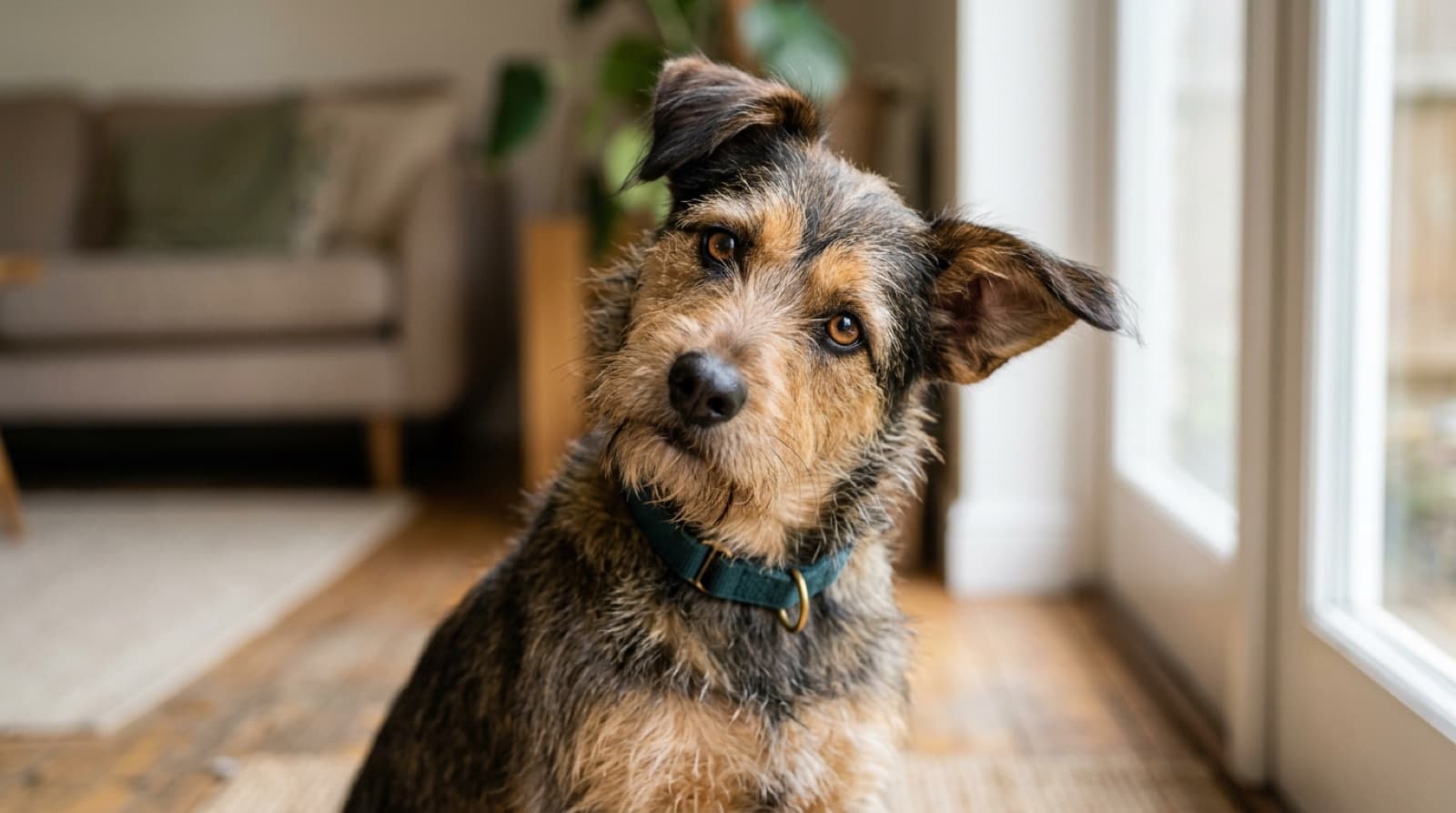 A mixed-breed dog looking thoughtfully at the camera in soft natural light