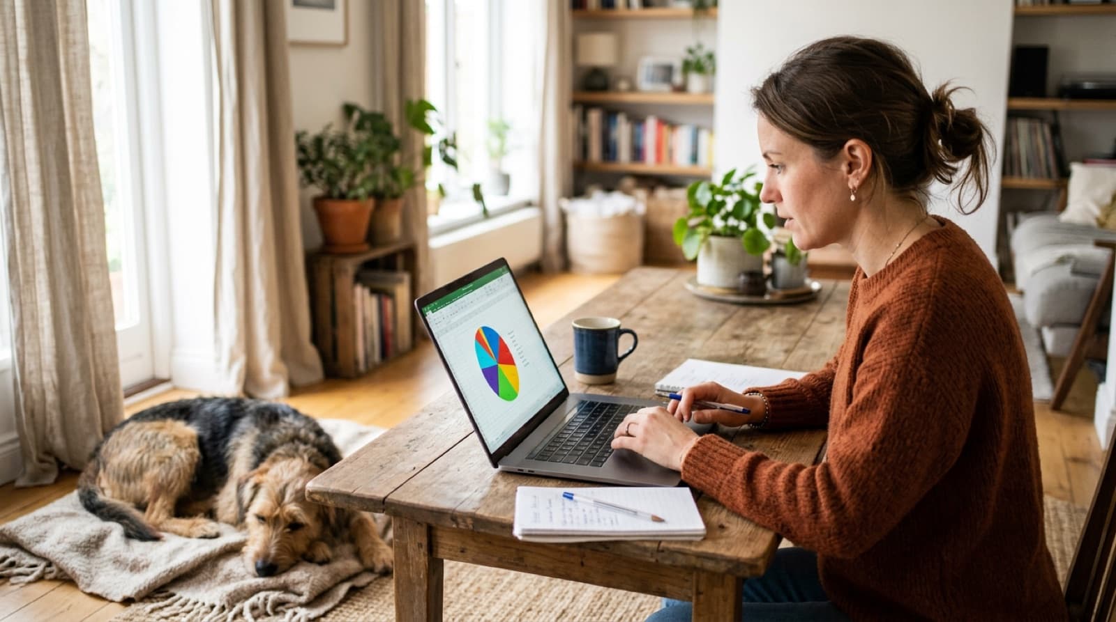 A person reviewing a dog's breed breakdown on a laptop with the dog resting nearby