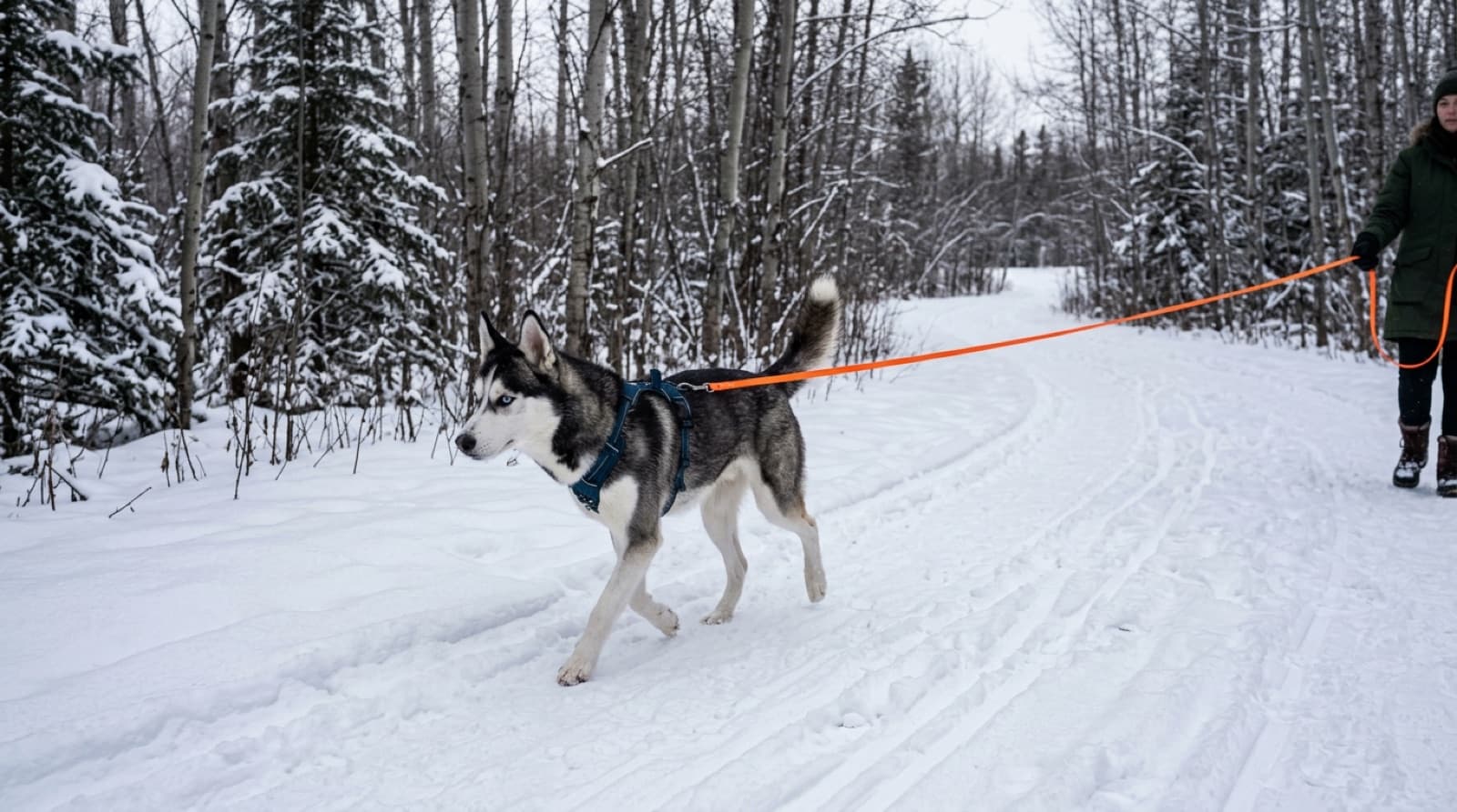 Adolescent Siberian Husky on a long-line at an Edmonton river-valley off-leash trail in winter, illustrating the recall management most Edmonton owners settle on during the teenage phase