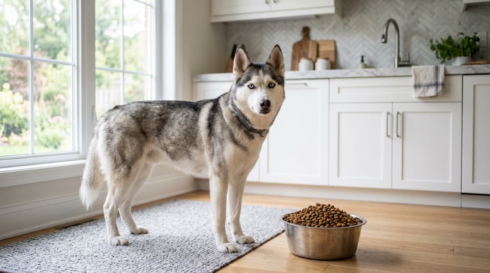 Siberian Husky standing beside a bowl of kibble in a bright home kitchen