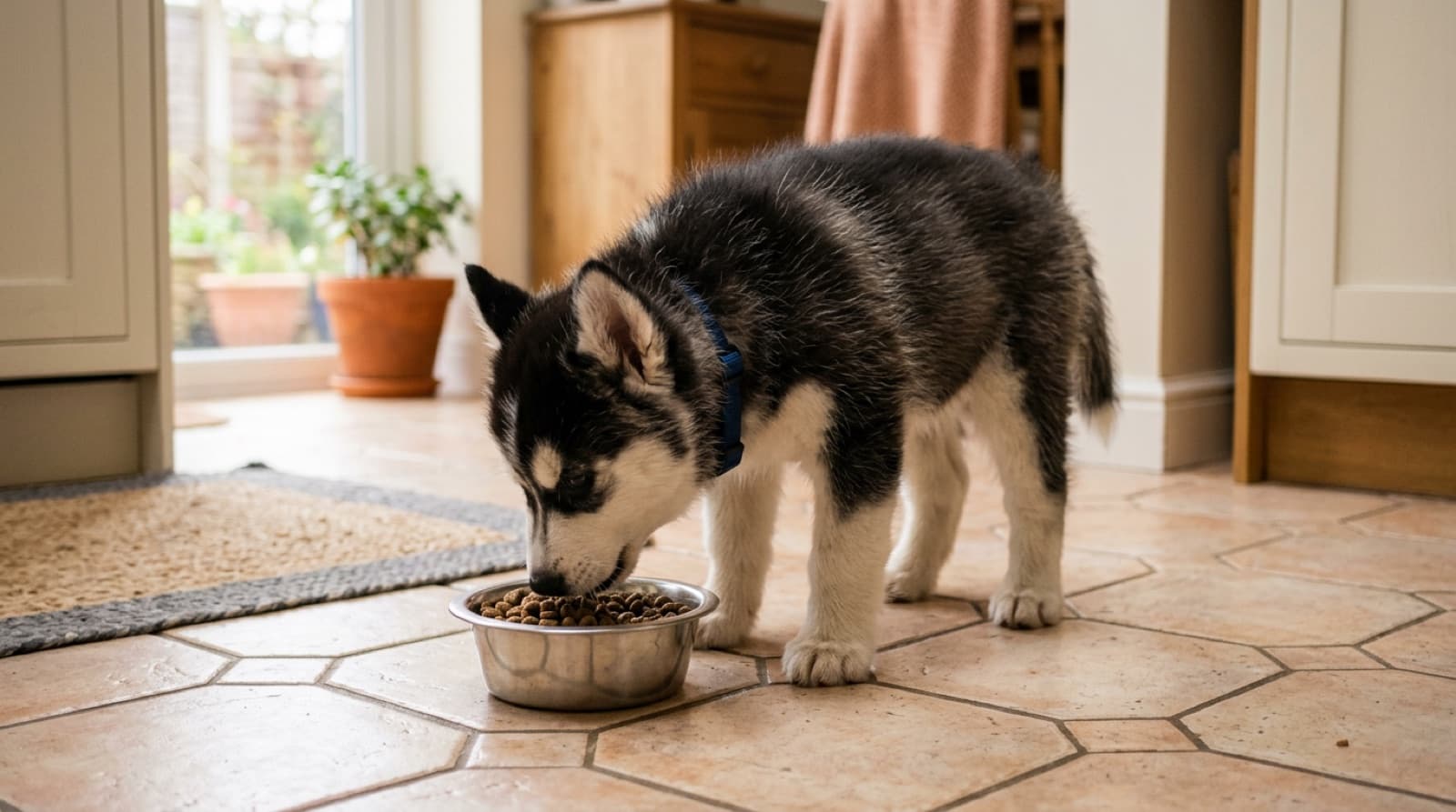 Husky puppy eating from a stainless steel bowl on a home kitchen floor