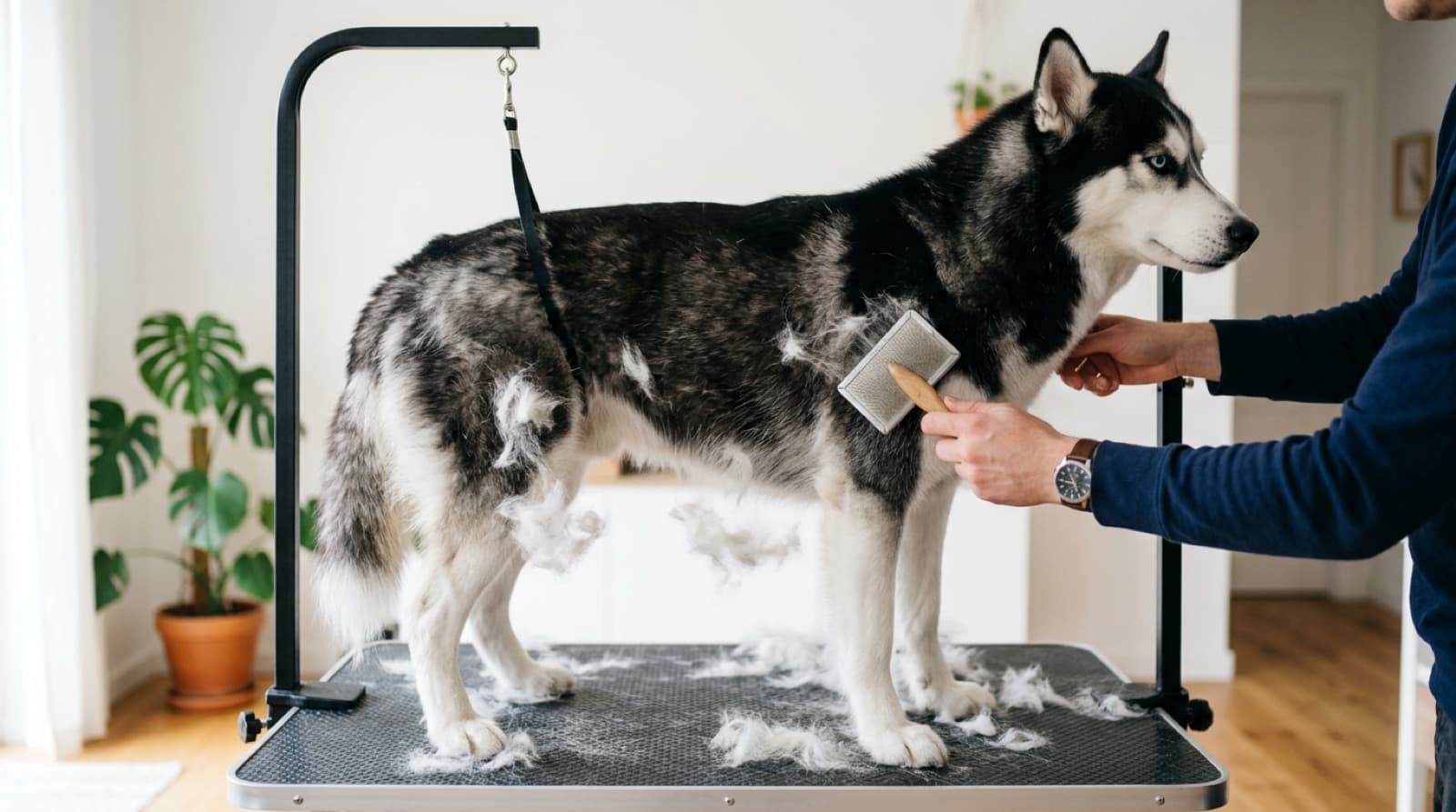 A Husky being blow-dried during coat blow with loose undercoat coming out