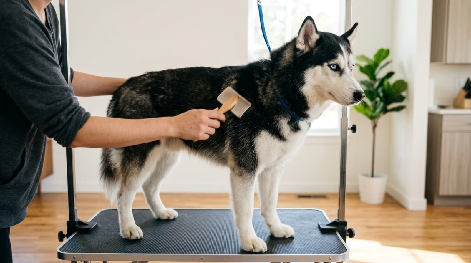 A Siberian Husky being brushed on a grooming table in a bright home