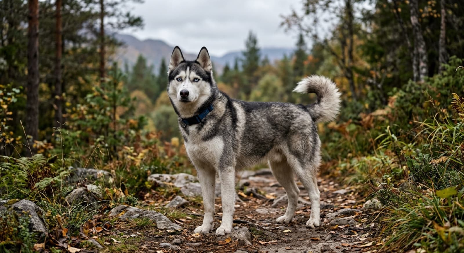 A healthy alert adult Siberian Husky standing outdoors on a cool overcast Vancouver day