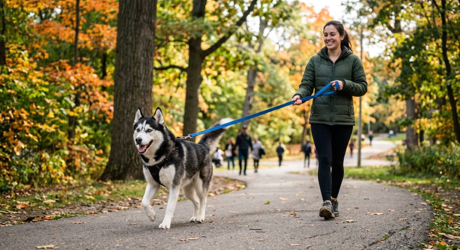 An energetic Siberian Husky pulling on a leash on a snowy Toronto ravine trail