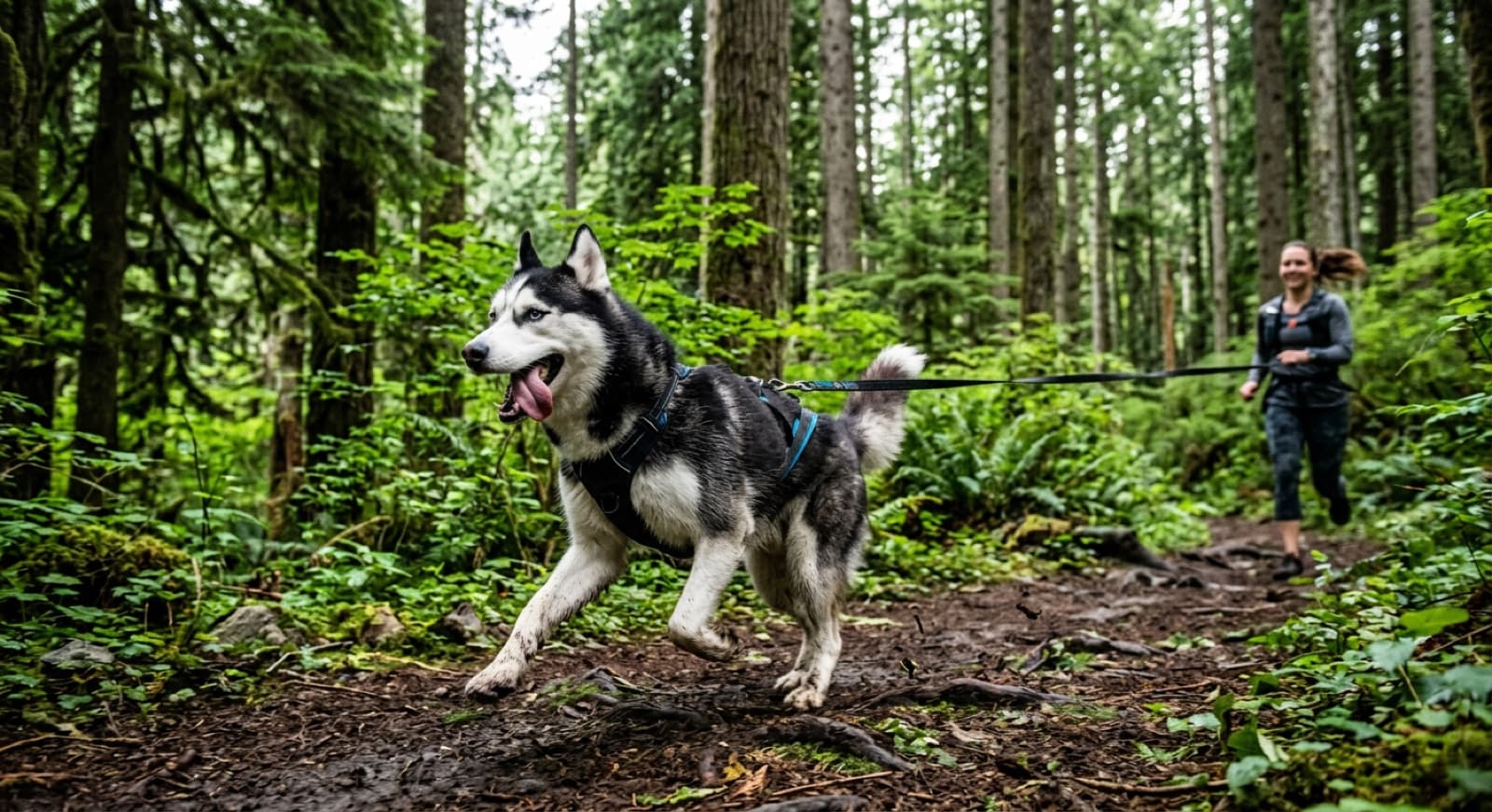 An energetic Siberian Husky pulling on a leash on a forested West Coast trail