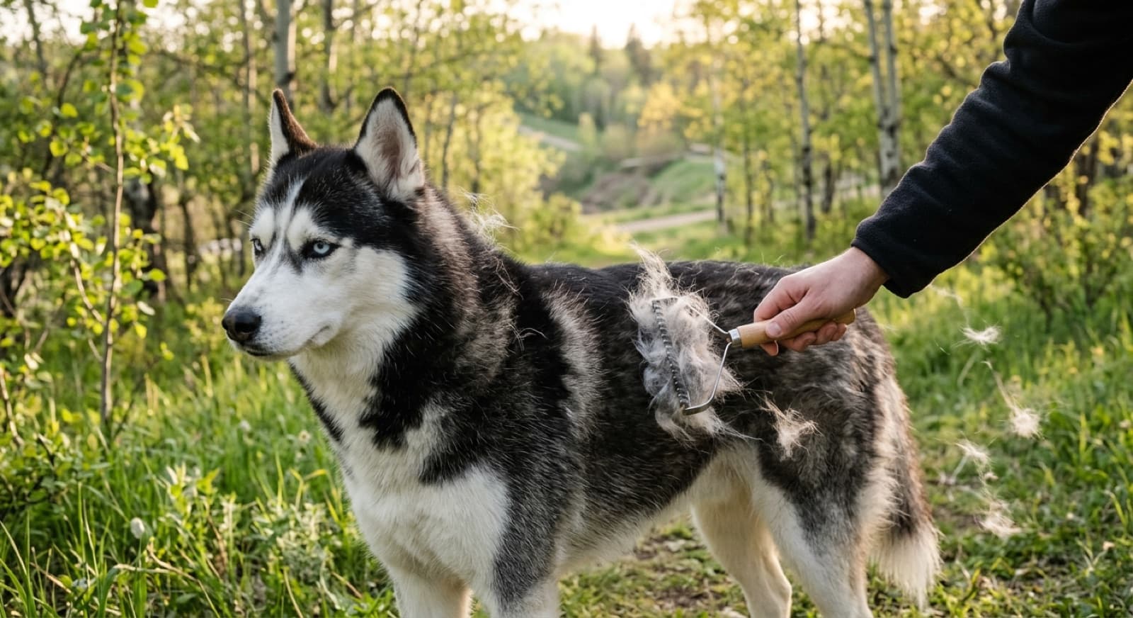 An adult Siberian Husky with classic black-and-white markings being groomed with an undercoat rake during spring coat-blow season in an Edmonton outdoor setting, undercoat fur visible coming away during brushing