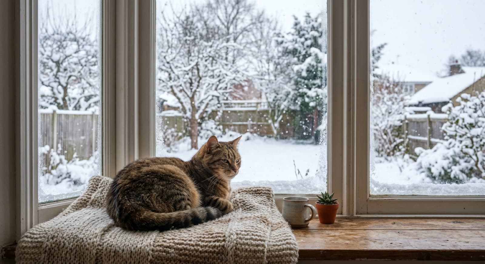 A content house cat curled on a windowsill watching a snowy Ottawa winter