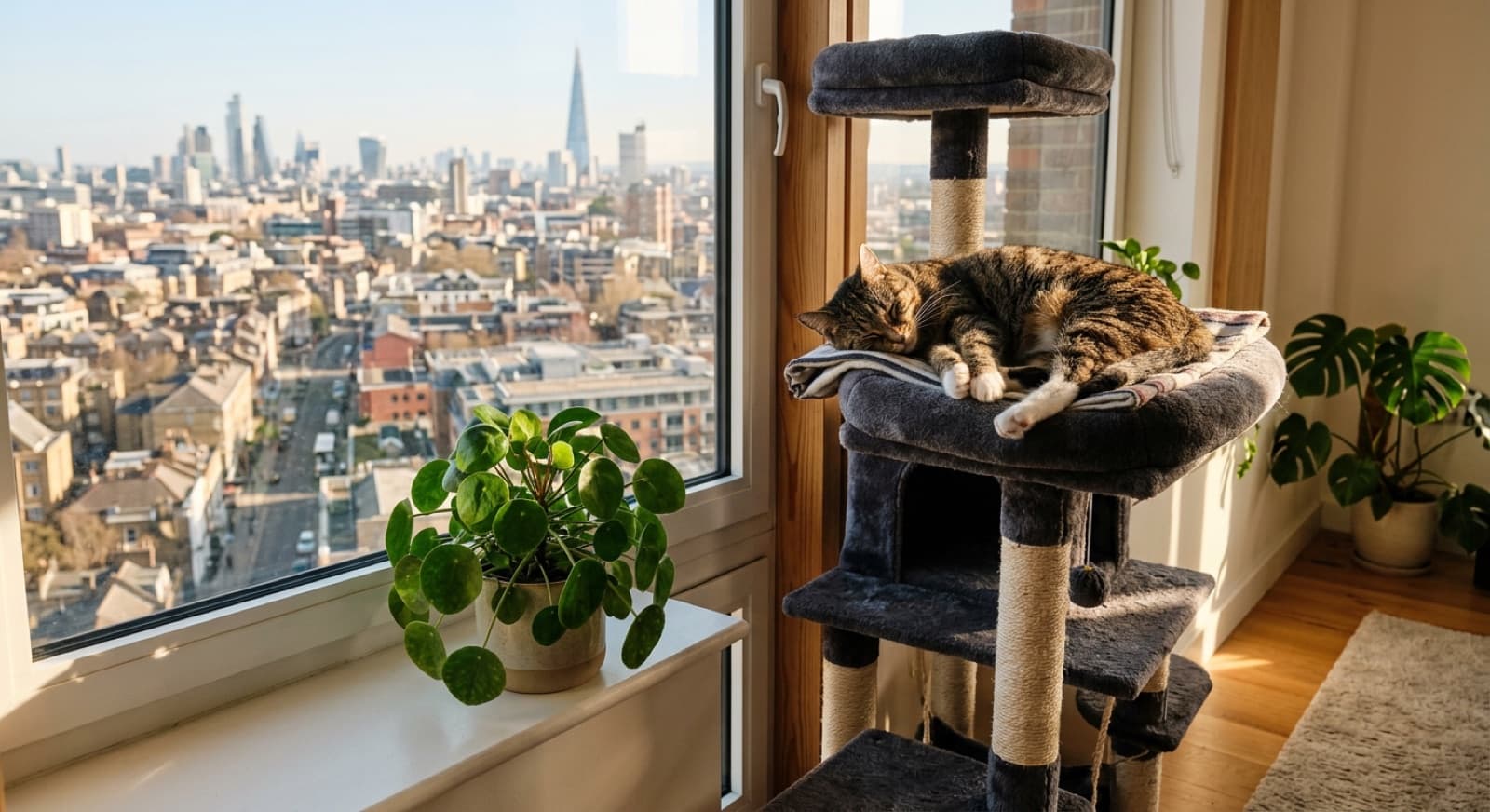 A content house cat lounging on a cat tree by a sunny Toronto window