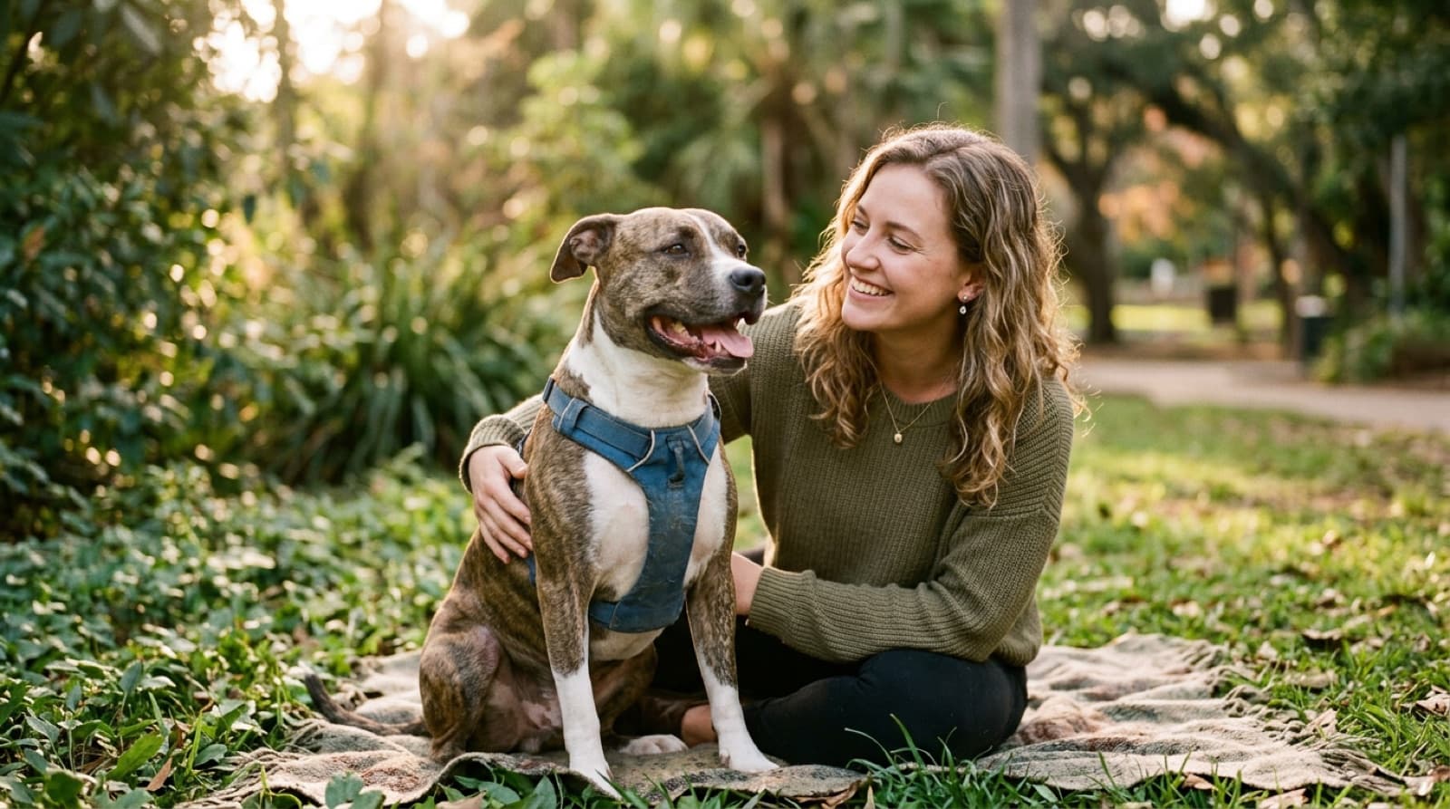 A happy blocky-headed rescue dog sitting with its adopter outdoors