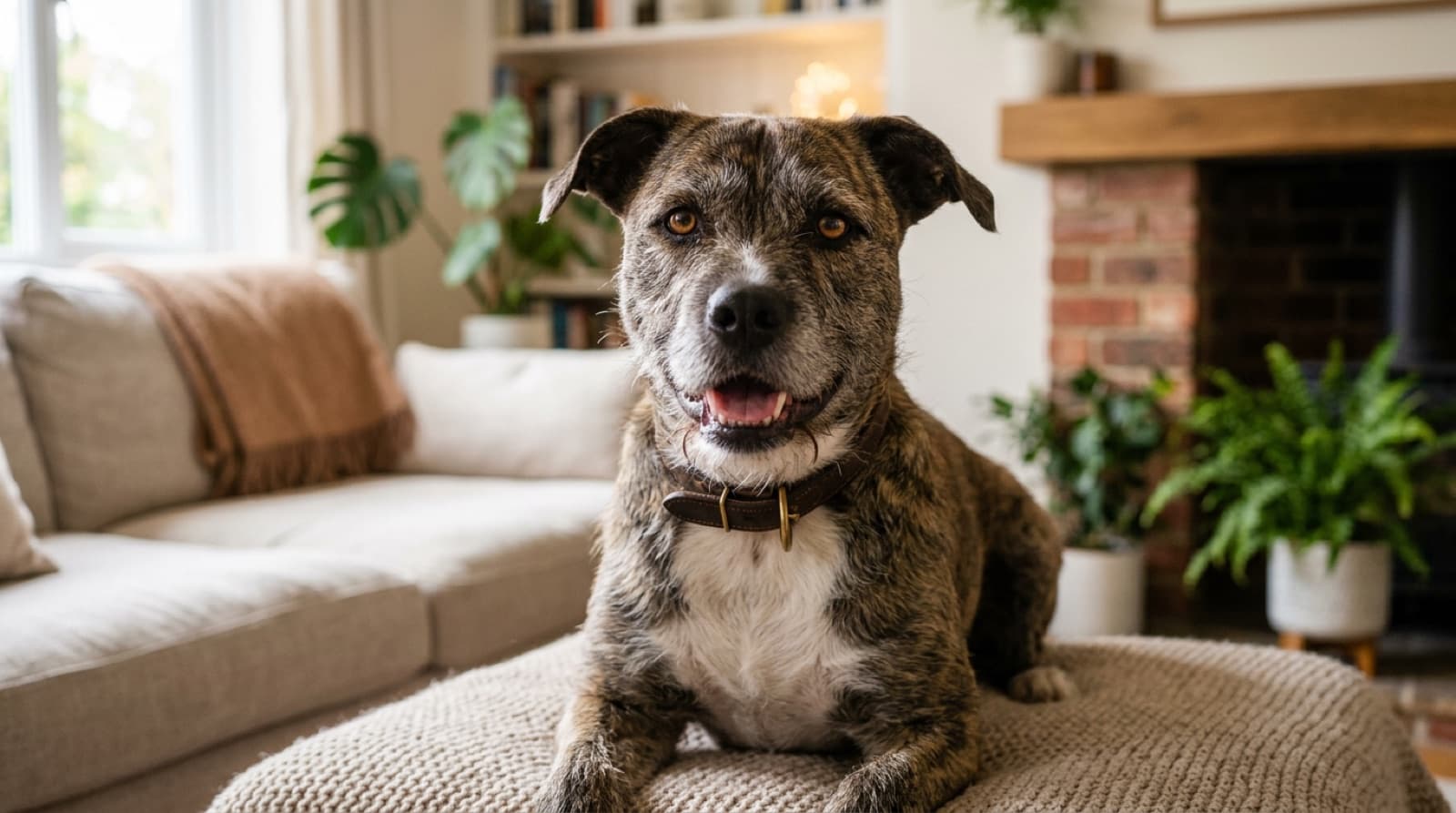 A friendly blocky-headed mixed-breed dog smiling at the camera in warm natural light