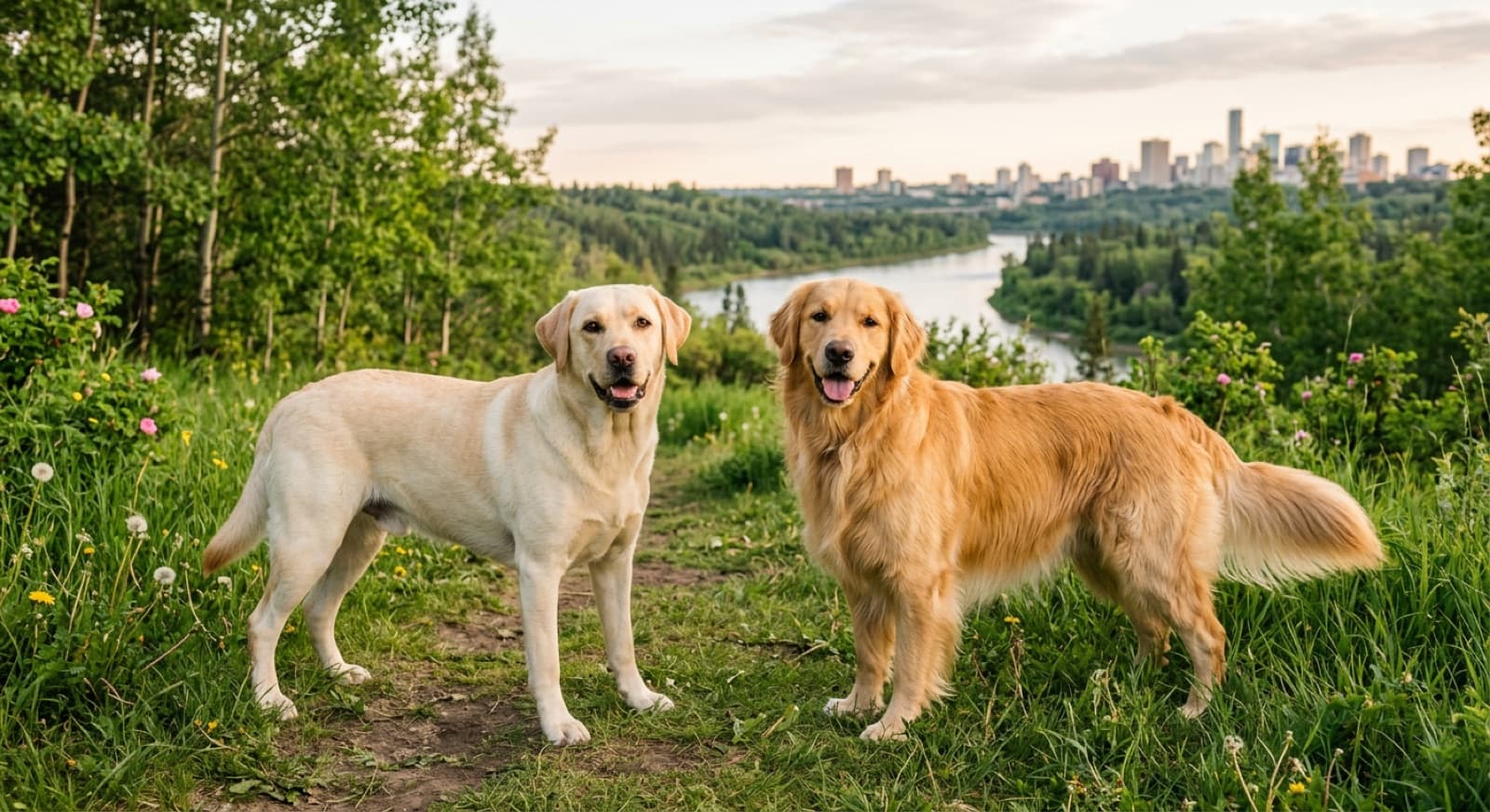 A side-by-side comparison of a yellow Labrador Retriever and a Golden Retriever standing alertly in an Edmonton park setting, both showing classic family-dog temperament