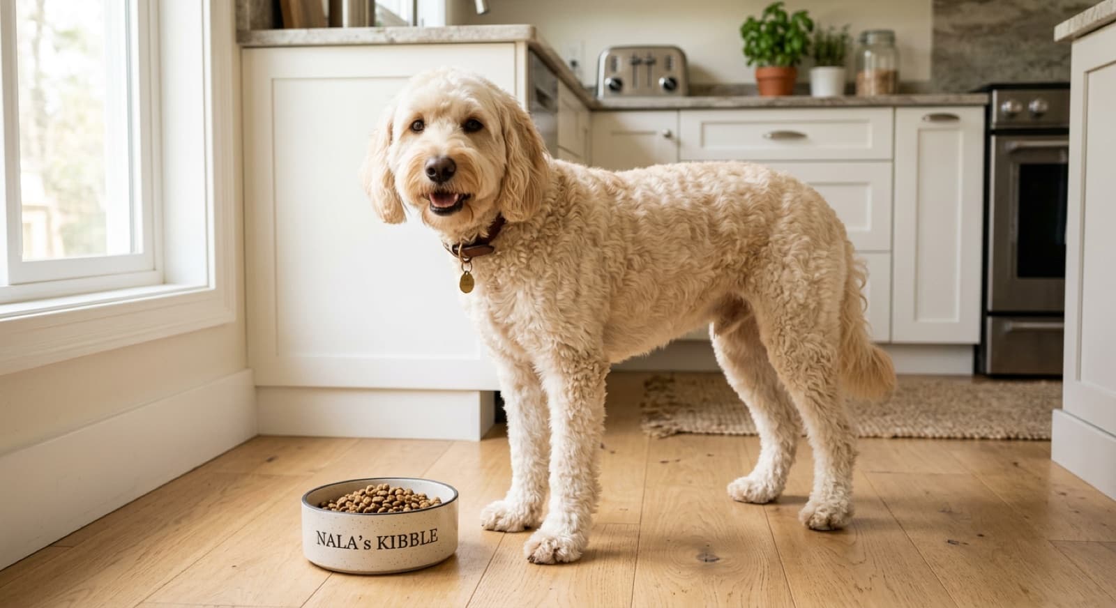 Labradoodle standing beside a bowl of kibble in a bright home kitchen