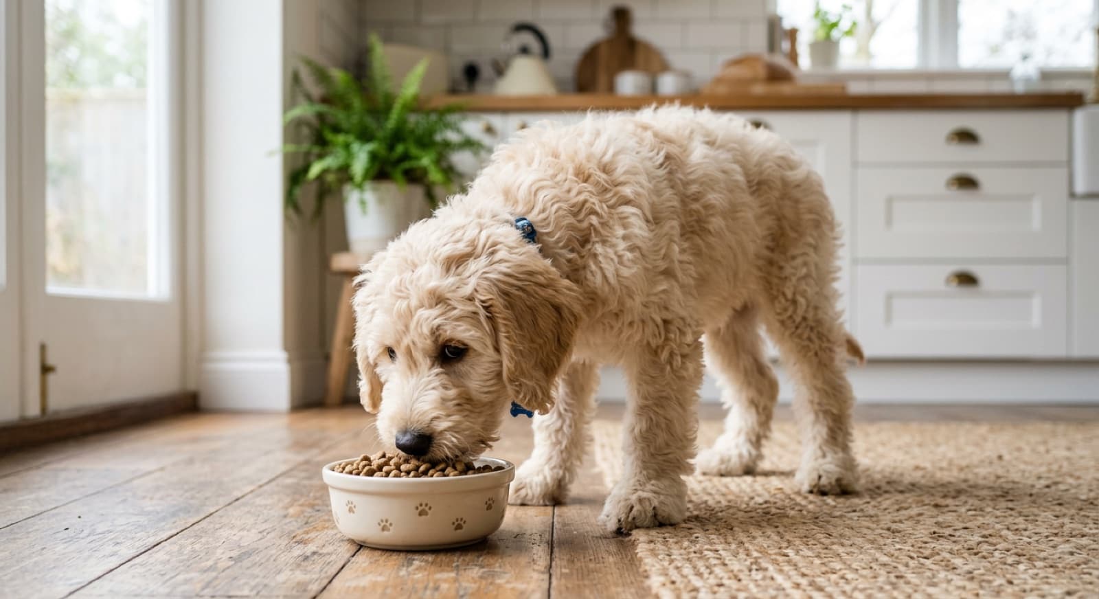 Labradoodle puppy eating from a bowl on a home kitchen floor