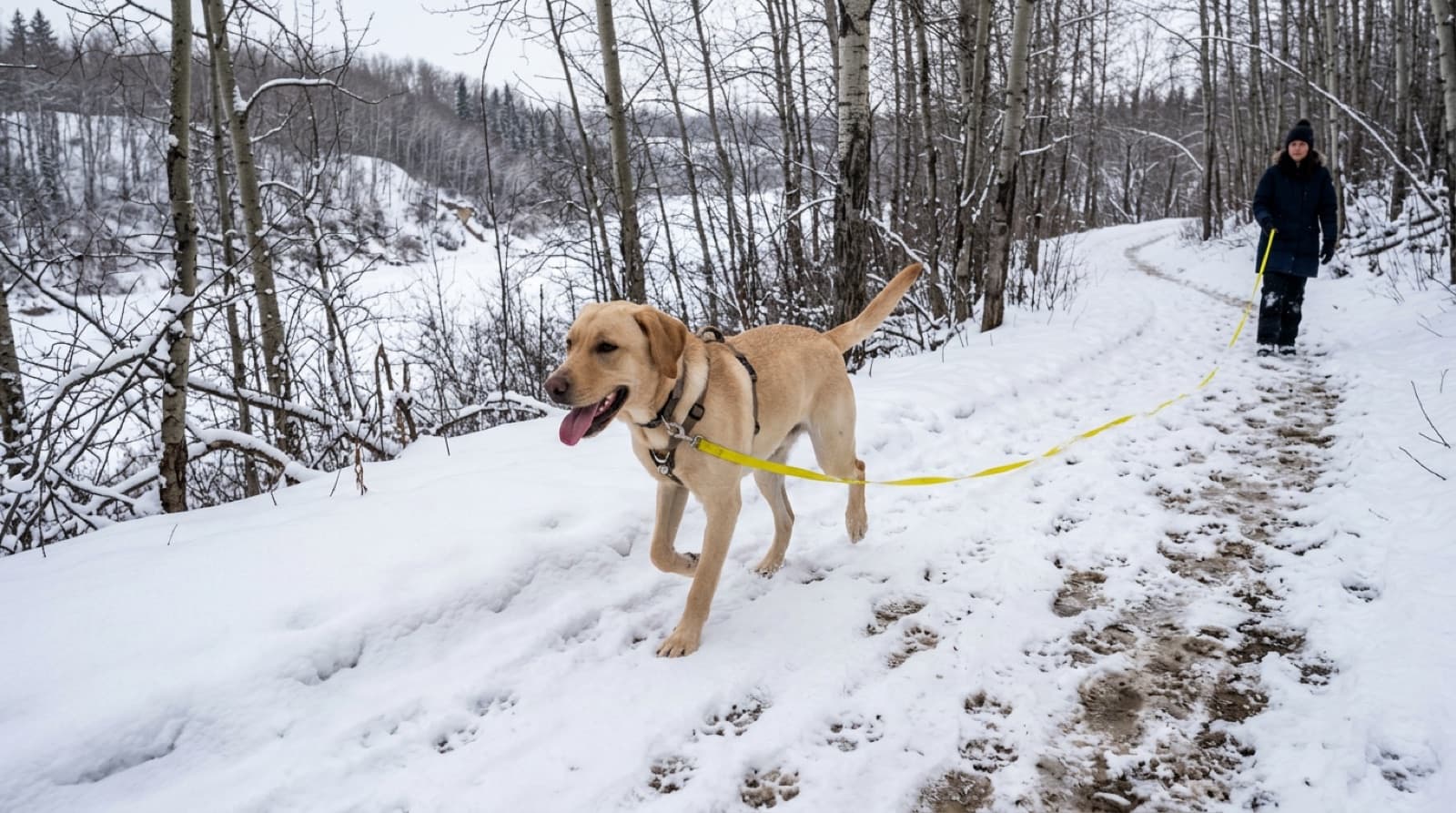 Adolescent yellow Labrador Retriever on a biothane long-line at an Edmonton river-valley off-leash trail in winter, illustrating the recall-management approach most Edmonton Lab owners use during the 8 to 18 month regression