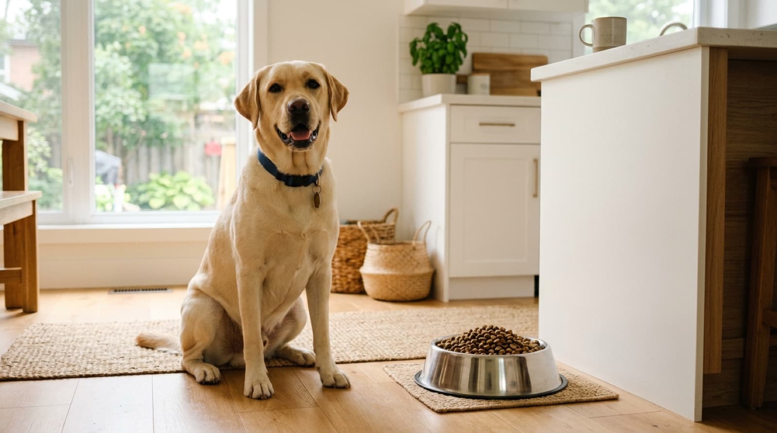 Yellow Labrador waiting beside a measured bowl of kibble in a bright home kitchen