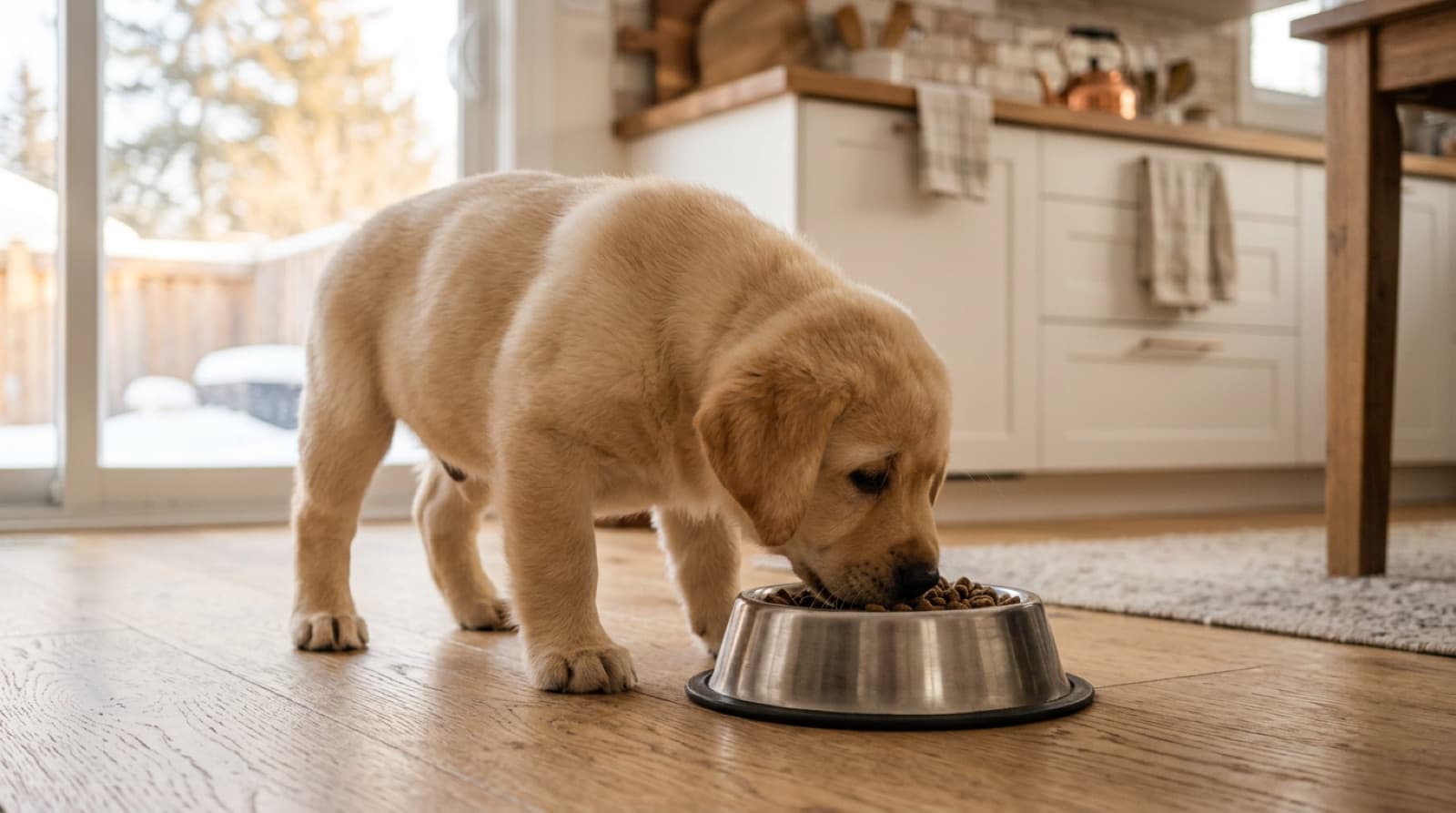 Labrador puppy eating from a stainless bowl on a home kitchen floor