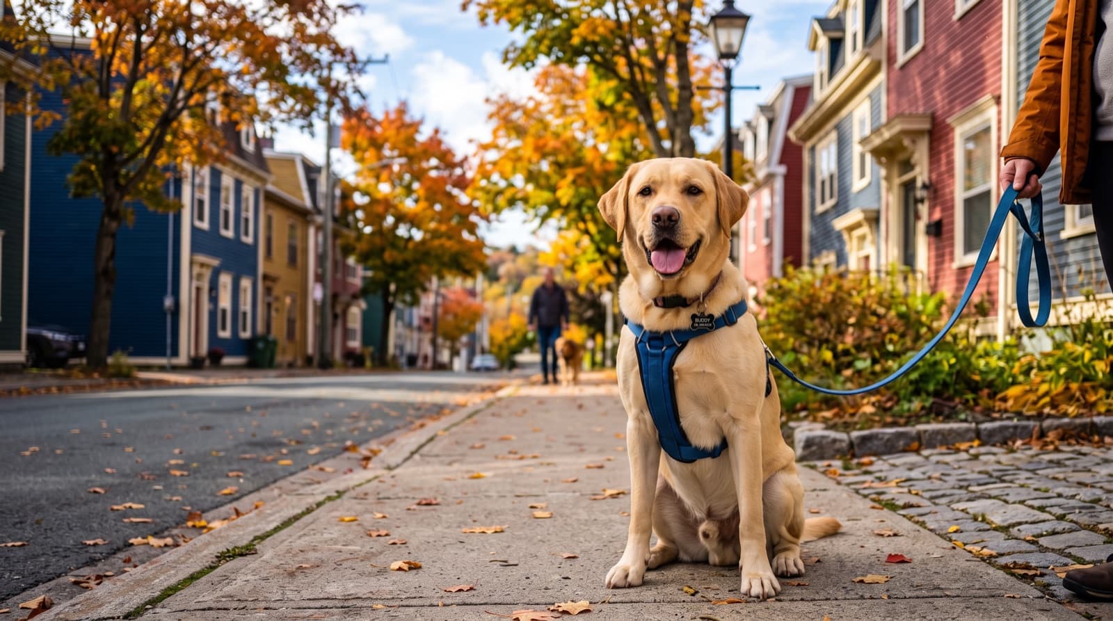 A yellow Labrador Retriever near the harbour in St. John's, Newfoundland, representing the water-loving family dog whose ancestors, the St. John's water dogs, worked these exact coastal waters