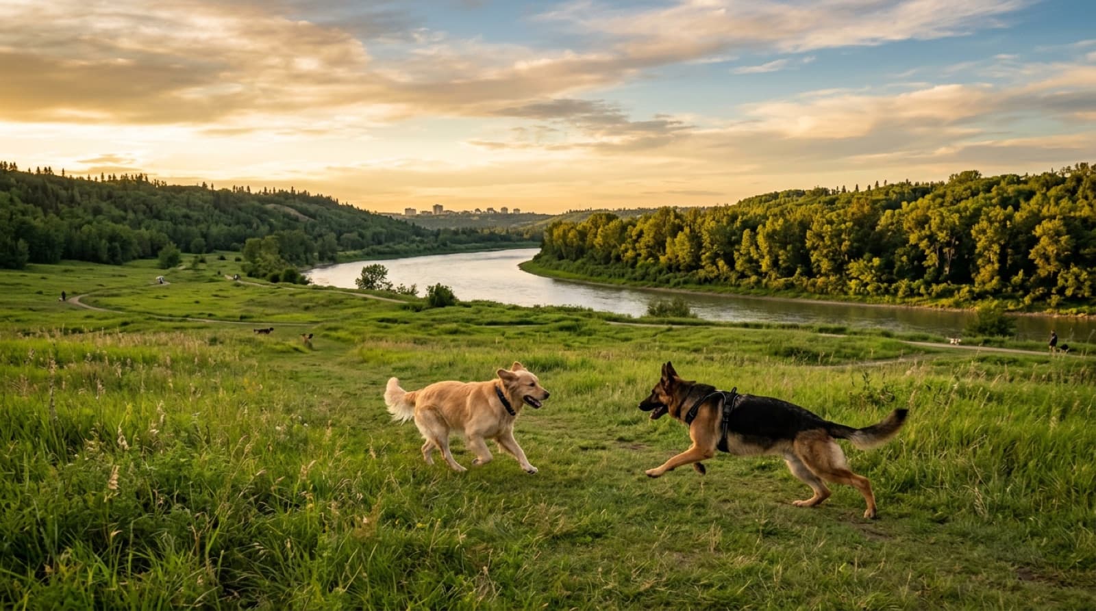 Large unfenced river-valley off-leash area at Laurier Park in west Edmonton, open meadow with Golden Retriever and German Shepherd running, North Saskatchewan River in background