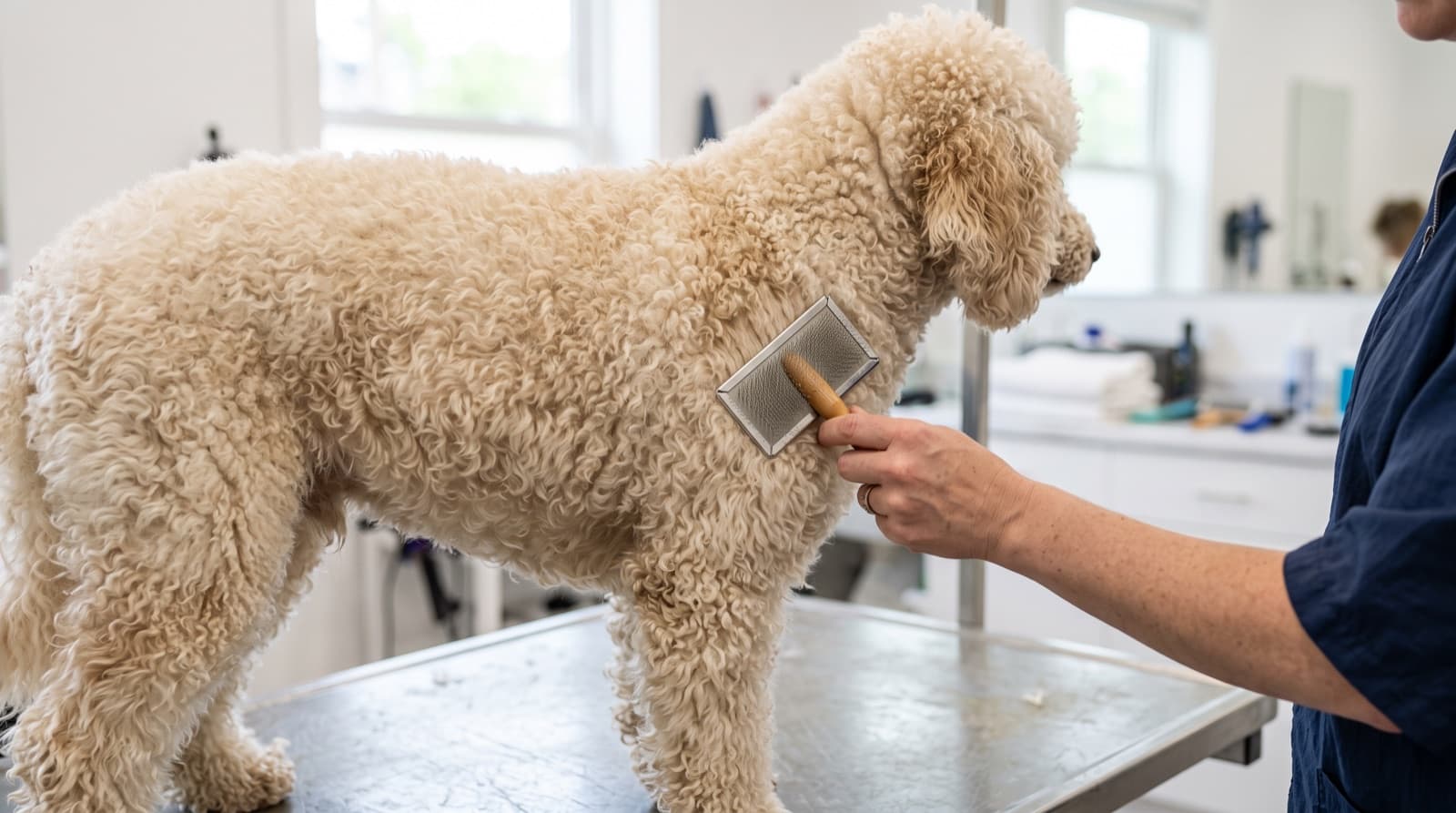A curly-coated dog being brushed on a grooming table, showing the upkeep a non-shedding coat needs