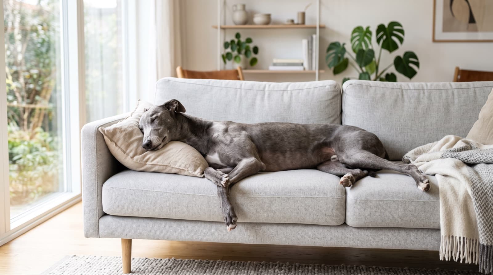 A calm short-coated greyhound resting on a sofa in a bright living room