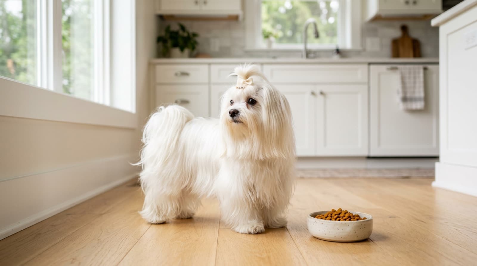 Maltese standing beside a small bowl of food in a bright home kitchen