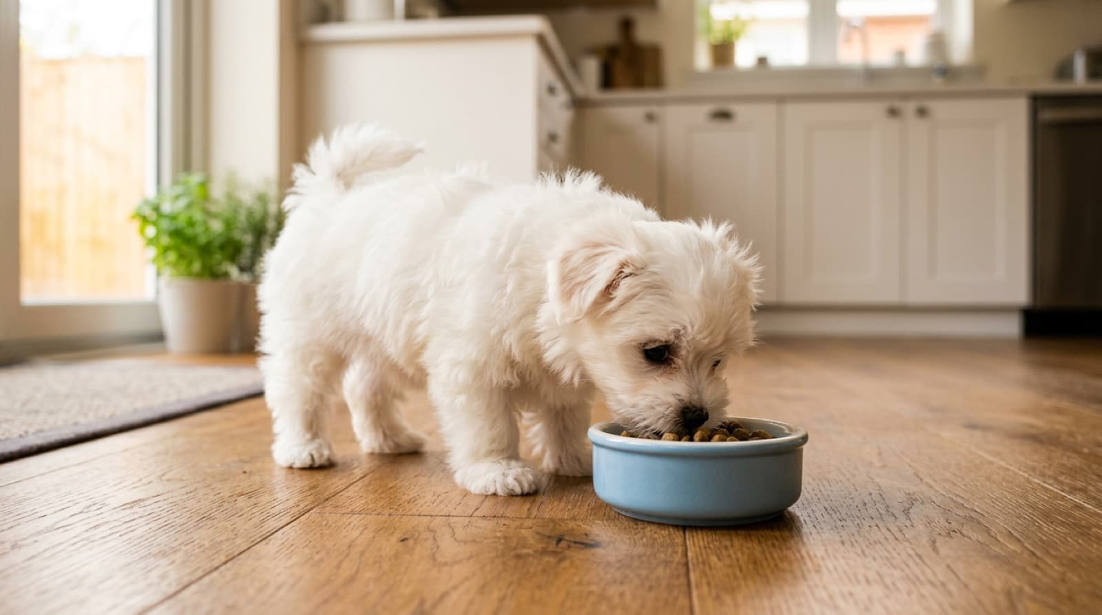 Maltese puppy eating from a small shallow bowl on a home kitchen floor
