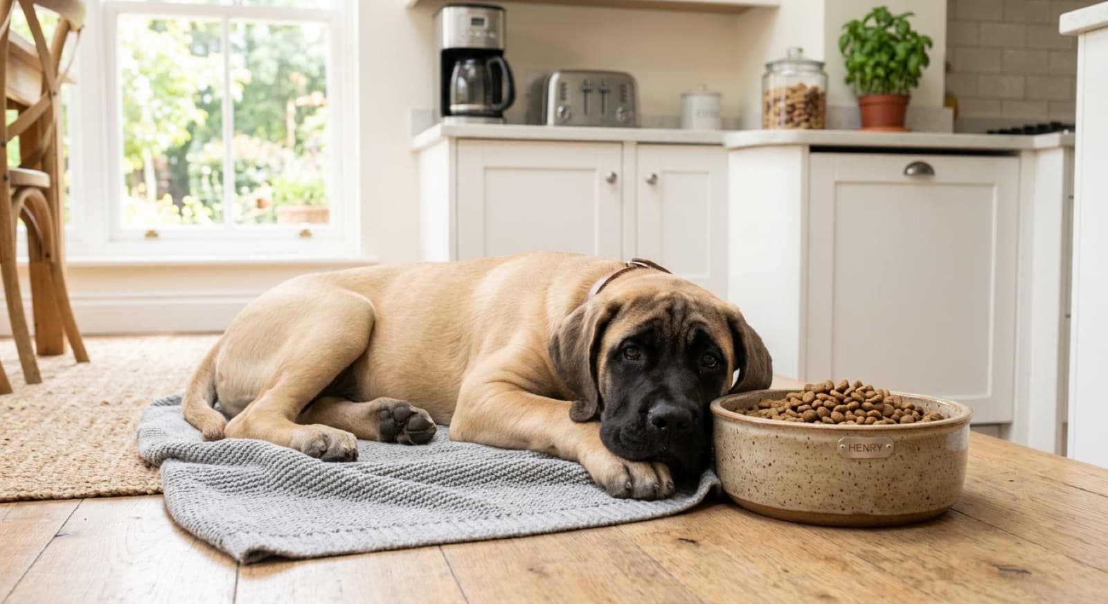 Mastiff lying beside a large bowl of kibble in a bright home kitchen
