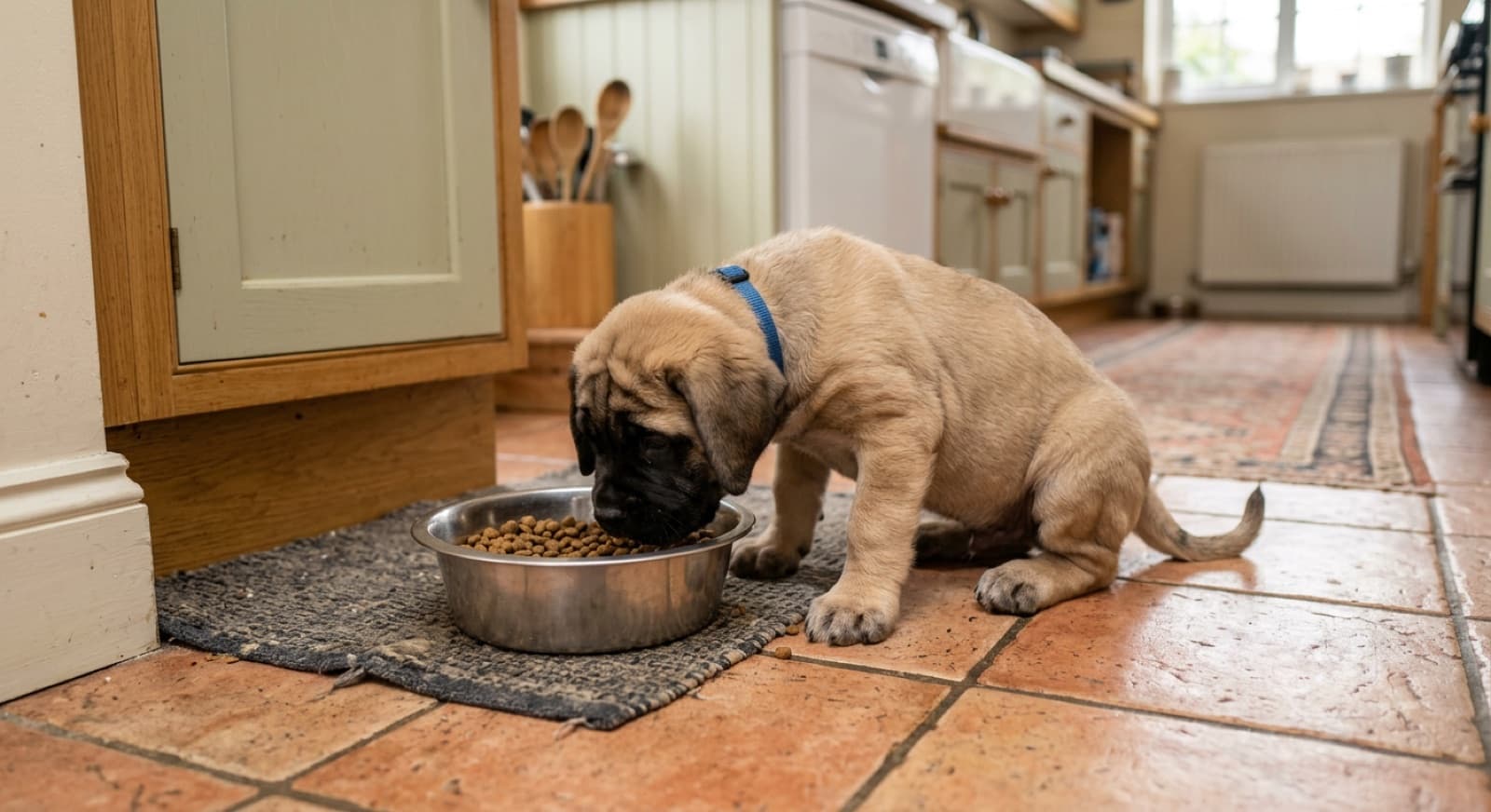 Mastiff puppy eating from a bowl on a home kitchen floor