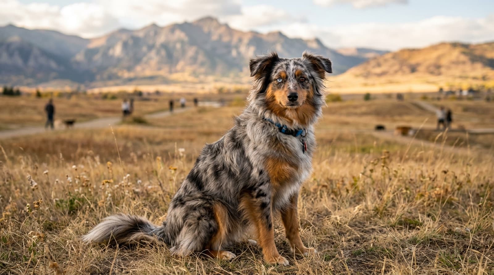 Blue merle Miniature American Shepherd sitting alert on prairie grass at a Calgary off-leash park, full coat ruffled by the wind, mountains in the distance