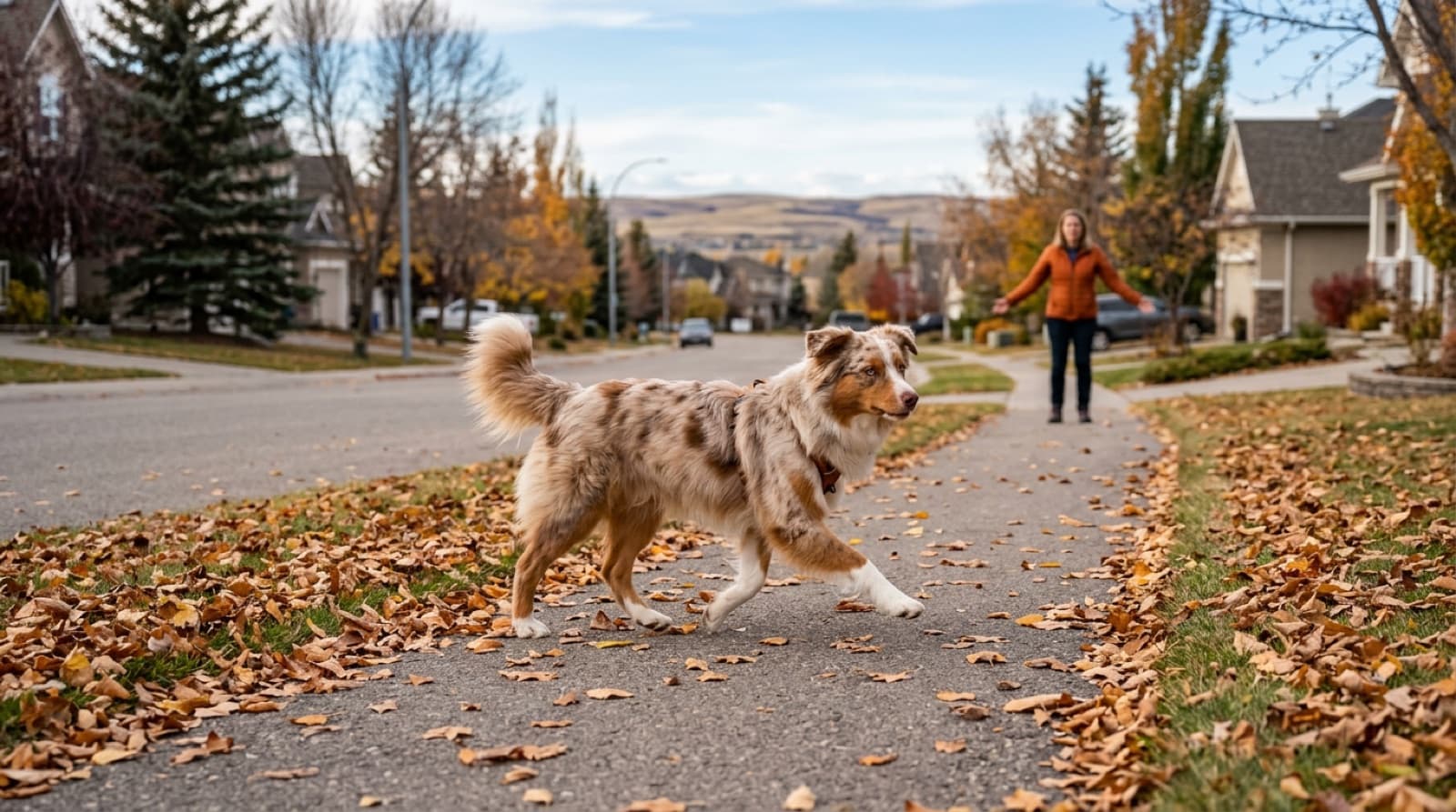 Red merle Mini Australian Shepherd walking on a Calgary suburban sidewalk in autumn, off-leash trainer working a recall command at distance, prairie skyline behind