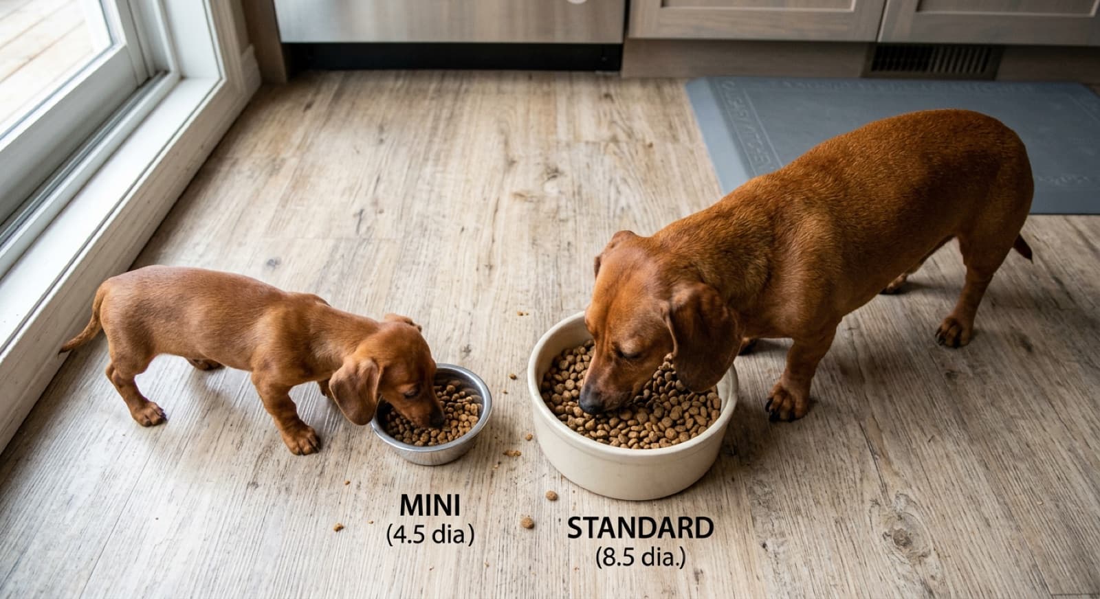 Smooth, long-haired, and wirehaired Dachshunds shown together in a Calgary home, illustrating the three CKC coat types in mini and standard sizes