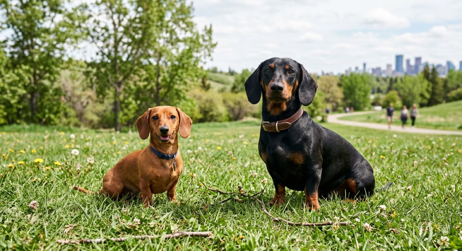 A miniature Dachshund and a standard Dachshund side by side in a Calgary backyard, showing the real size difference between the two CKC varieties