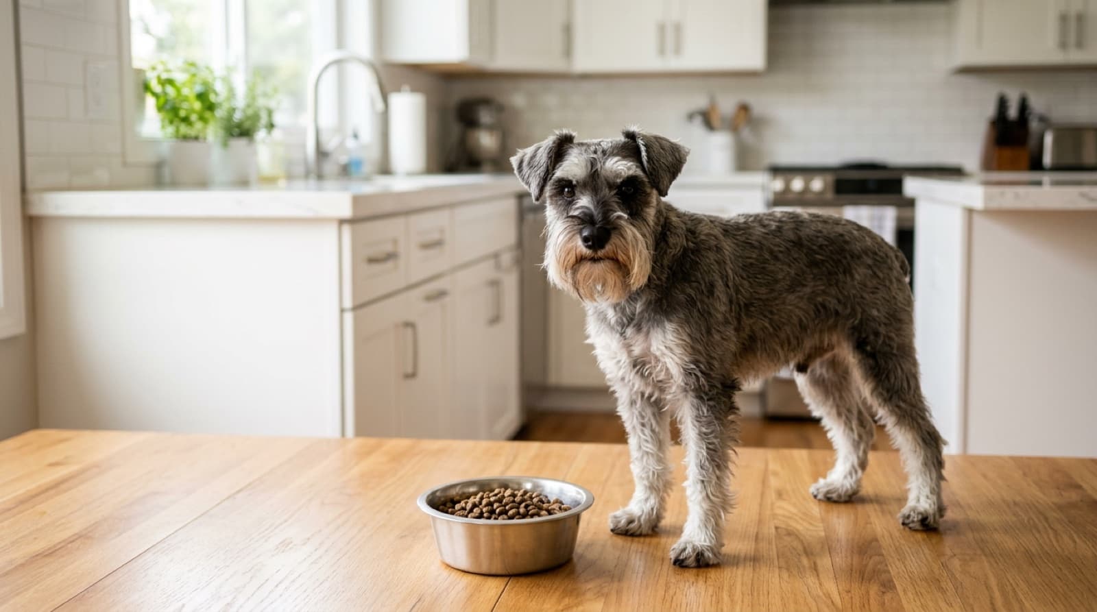 Miniature Schnauzer standing beside a bowl of kibble in a bright home kitchen