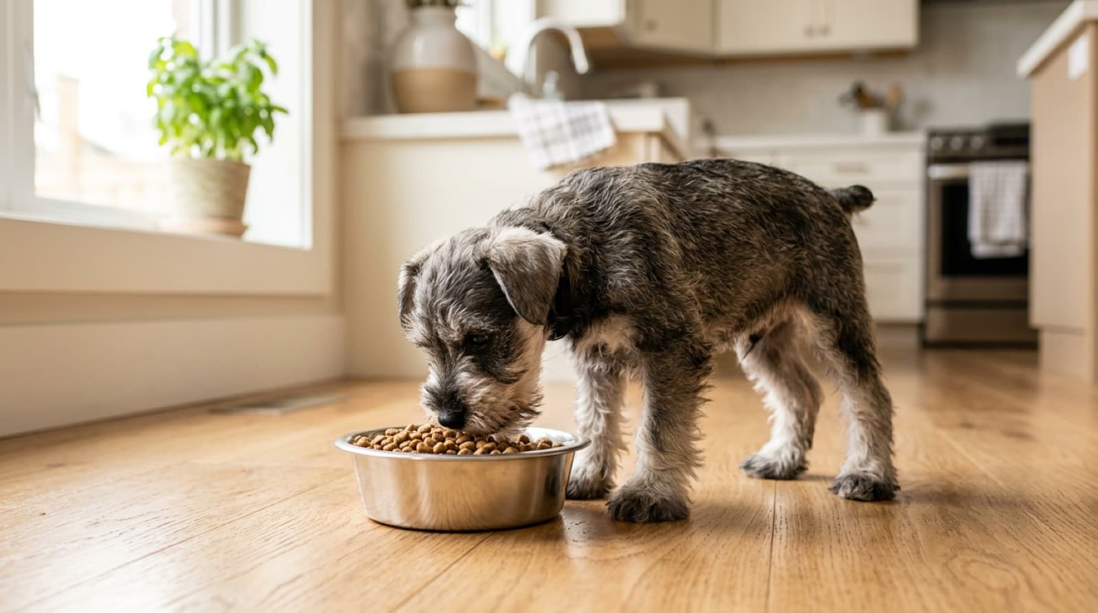 Miniature Schnauzer puppy eating from a bowl on a home kitchen floor