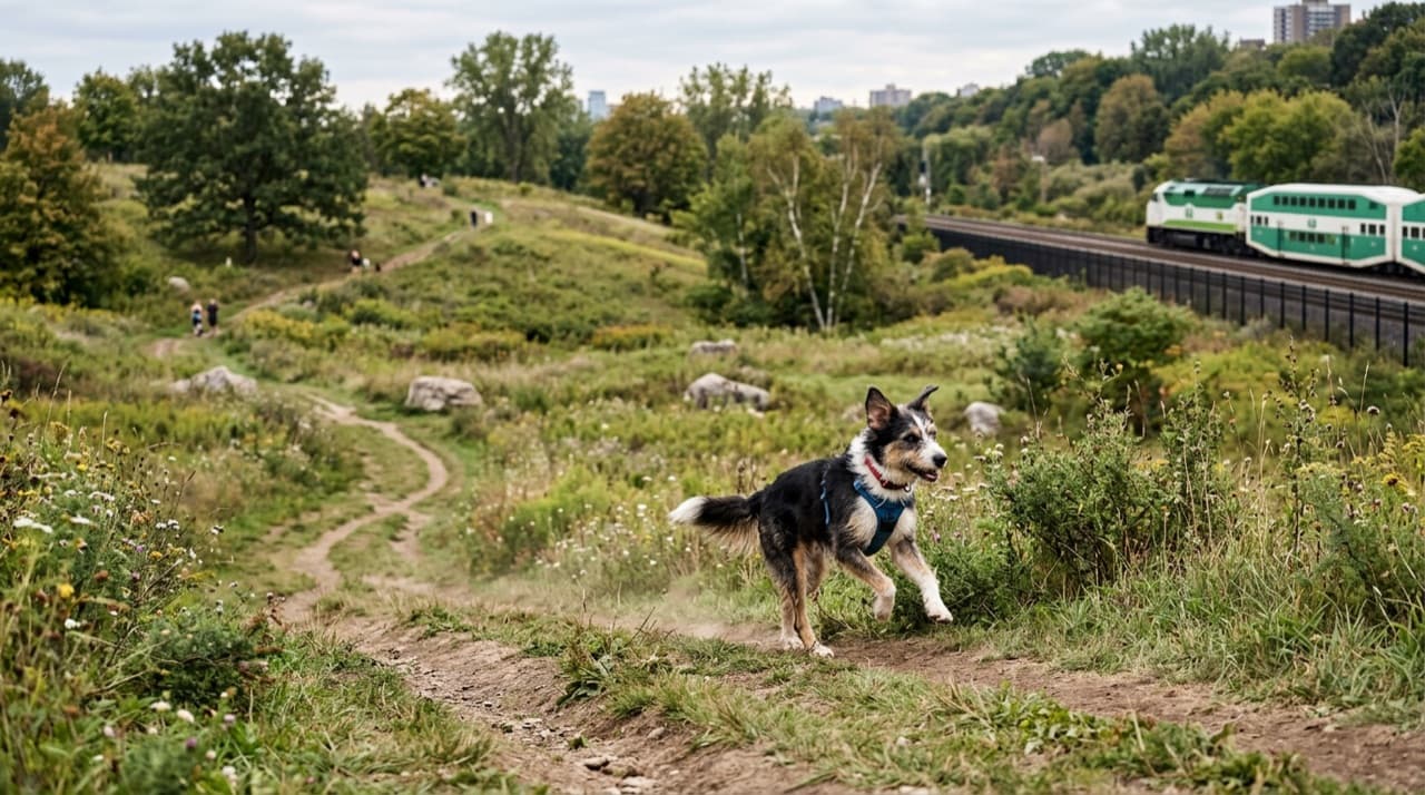 A dog on the rolling, naturalized off-leash run in Monarch Park, east-end Toronto