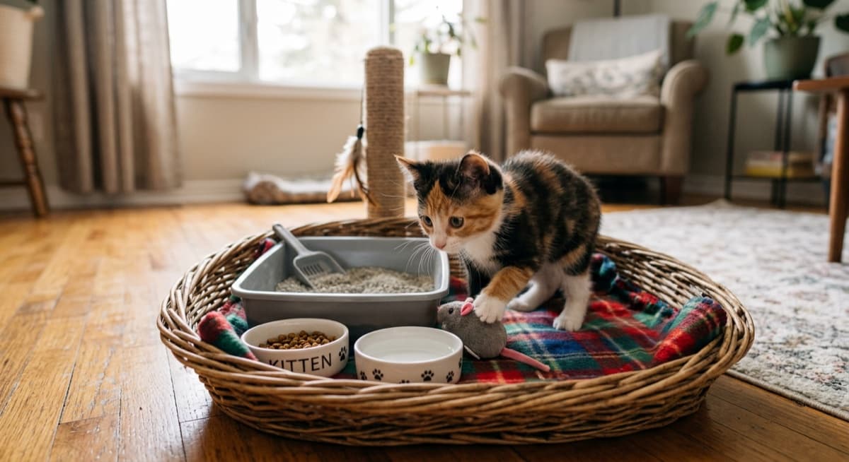 Newly-adopted Calgary kitten exploring a basket of starter supplies including a litter tray, scratching post, food bowls, and toys in a warm home setting