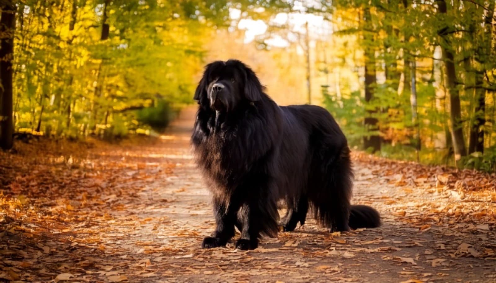 A large black Newfoundland dog on an autumn Ottawa trail