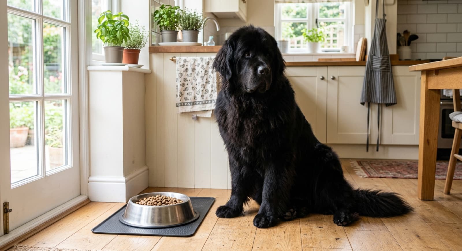 Newfoundland dog standing beside a bowl of kibble in a bright home kitchen