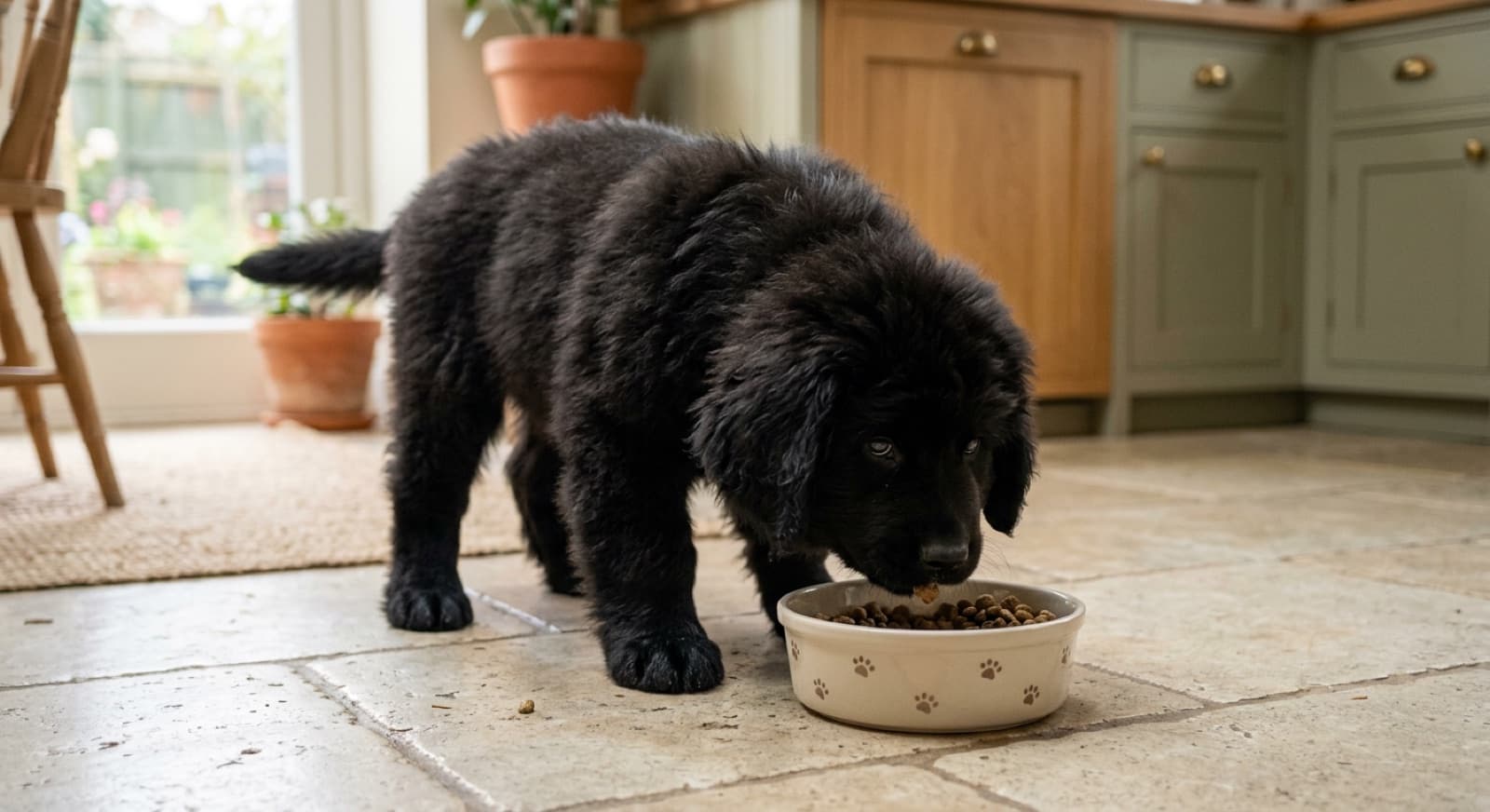 Newfoundland puppy eating from a bowl on a home kitchen floor
