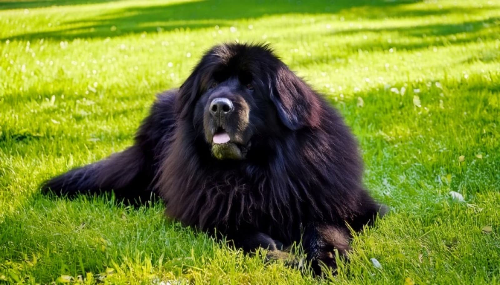 A fluffy black Newfoundland dog with a thick coat resting in the shade in Ottawa
