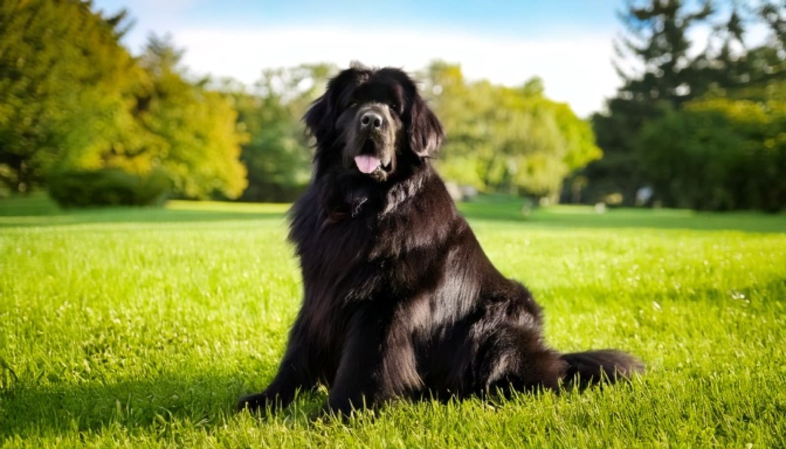 A healthy black Newfoundland dog on green grass in Ottawa