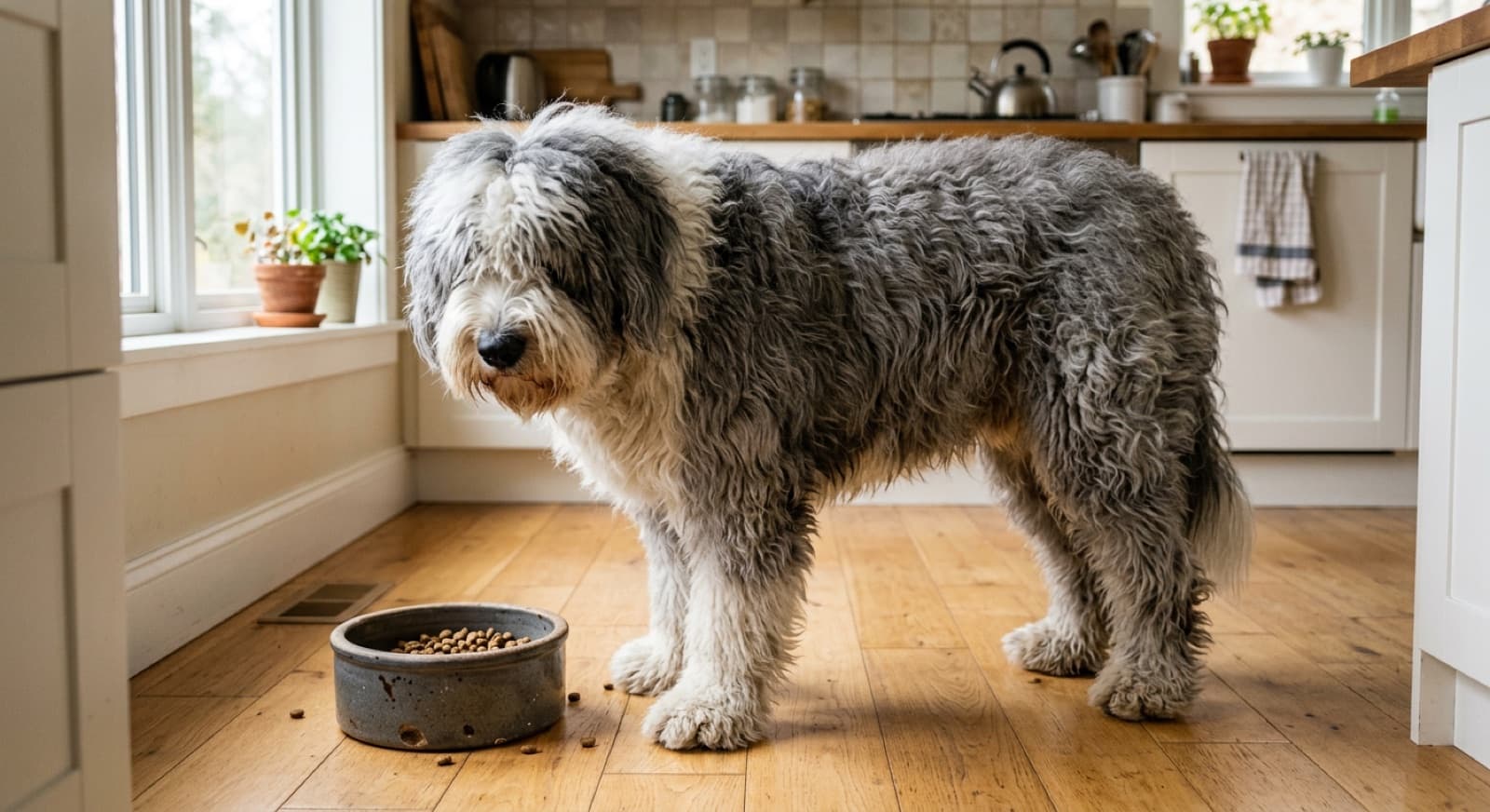 Old English Sheepdog standing beside a bowl of kibble in a bright home kitchen