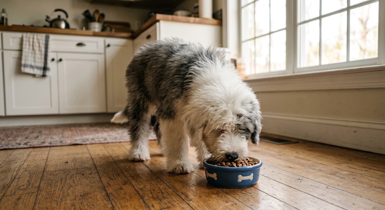 Old English Sheepdog puppy eating from a bowl on a home kitchen floor