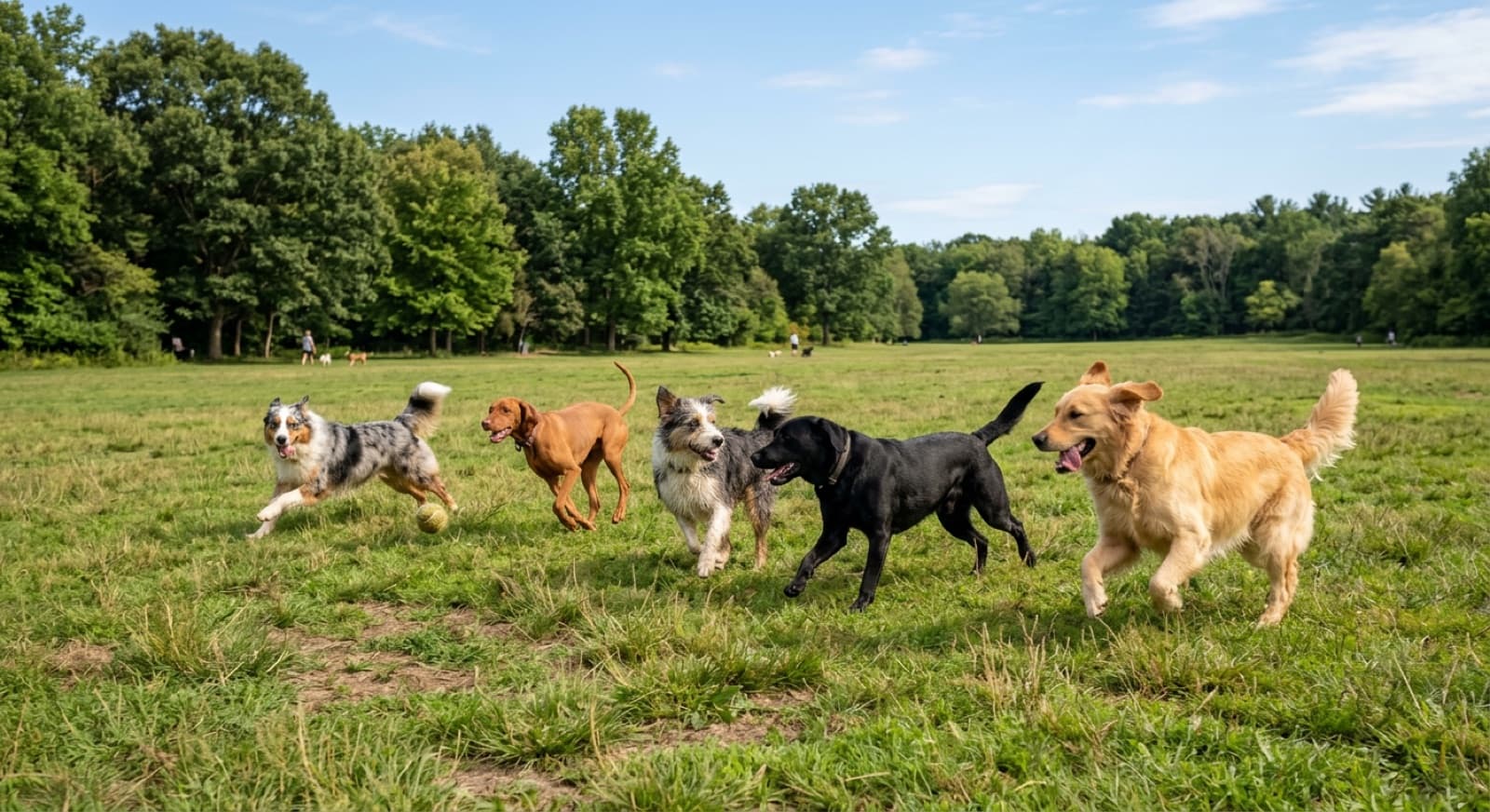 Dogs playing at an off-leash dog park in Ottawa on a bright day