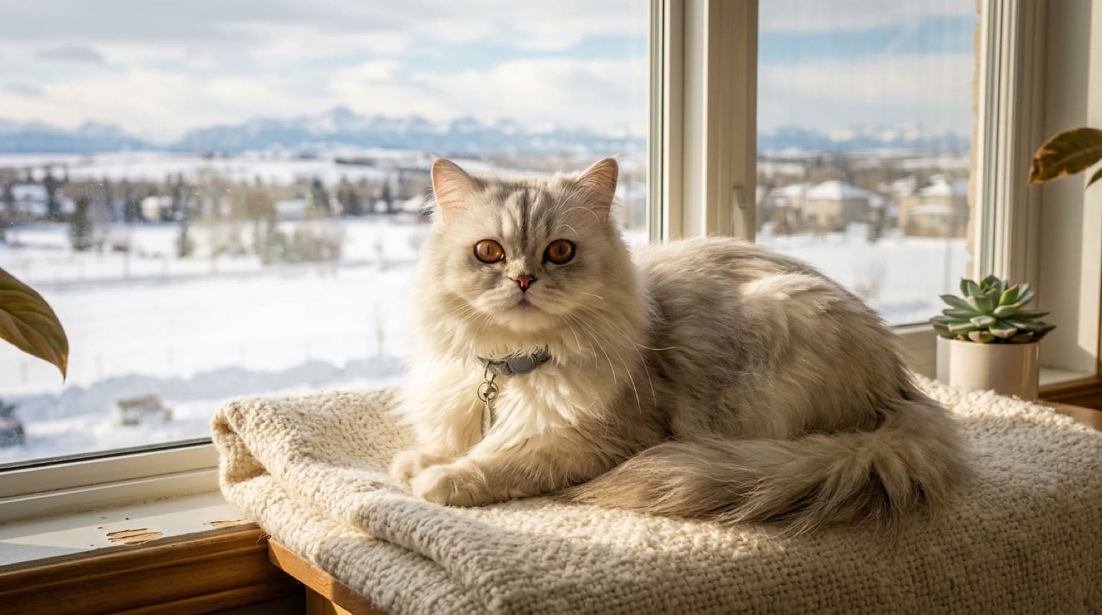 A Doll Face Persian cat with a long flowing silver coat and copper eyes resting on a window perch in a Calgary living room, the type of calm low-energy adult Persian that lands at MEOW Foundation when families underestimate daily grooming demands